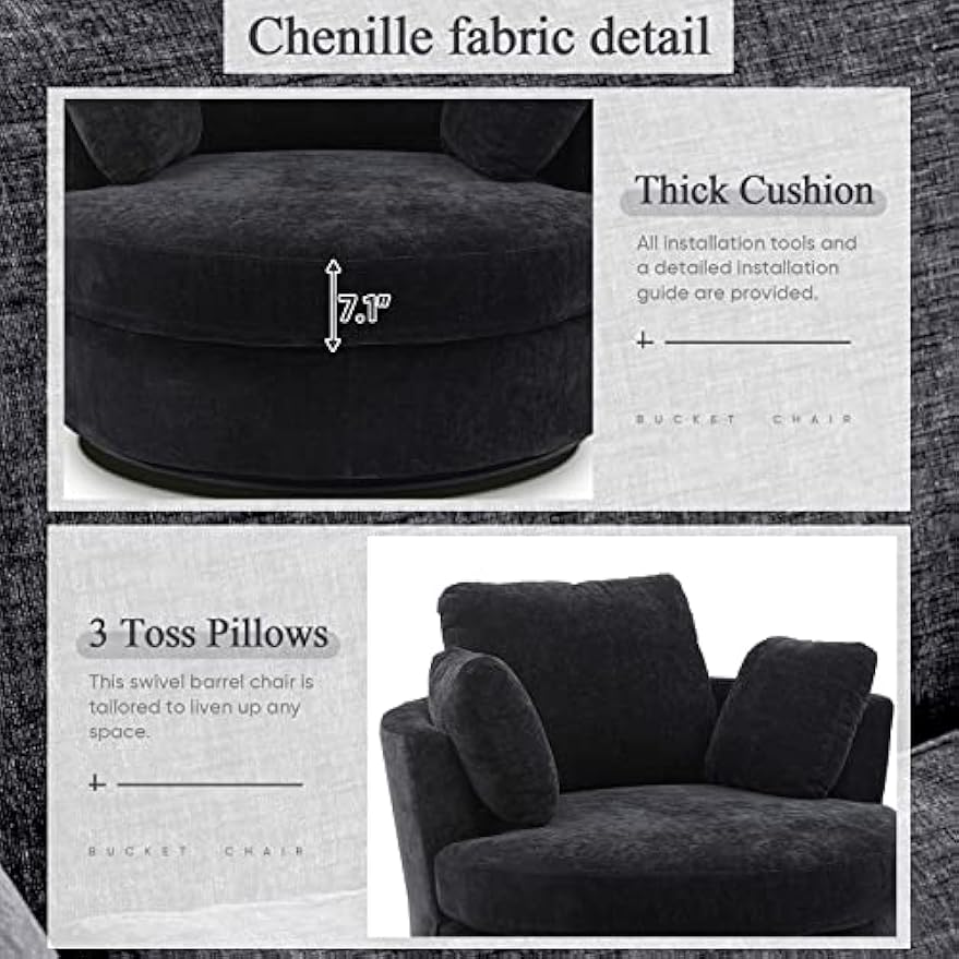 Swivel Barrel Chair for Living Room, Modern Round Swivel Chair Sofa Chair Chenille Club Chair Boucle Chair Armchair Decorative Furniture Nursery Chair, Bedroom, Classroom Corner Chair (Black)