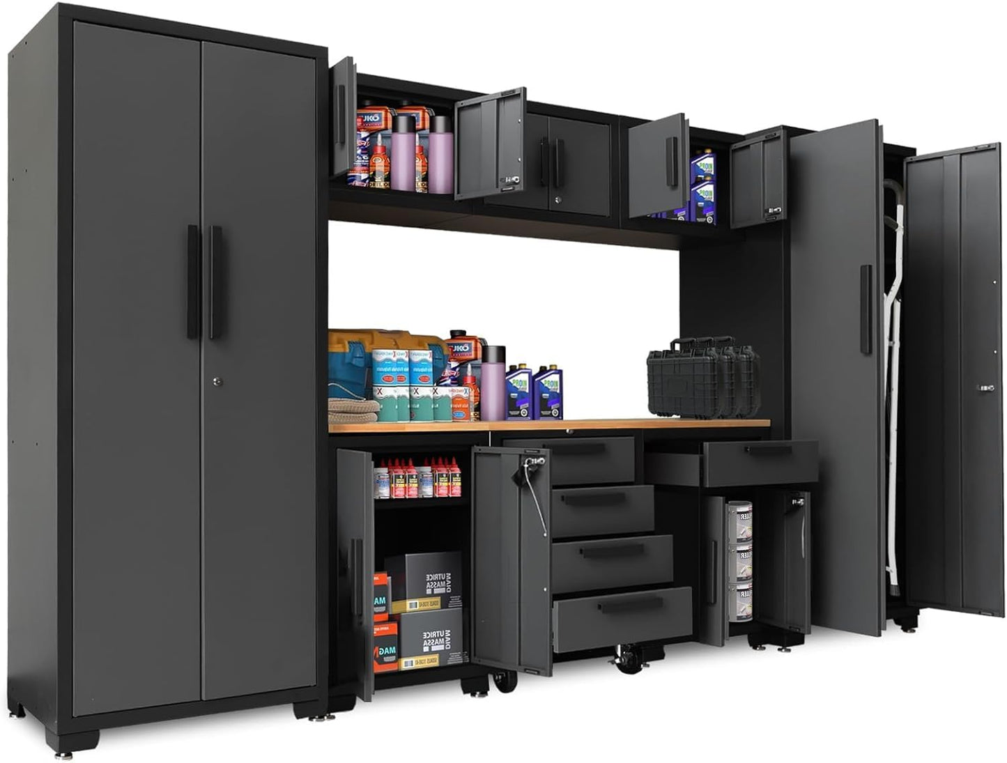 Torin 12 Piece Garage Storage Cabinet Set: Workshop Tool Organizer Chest with Lockers, Shelves and Wood Workbench, Black/Grey