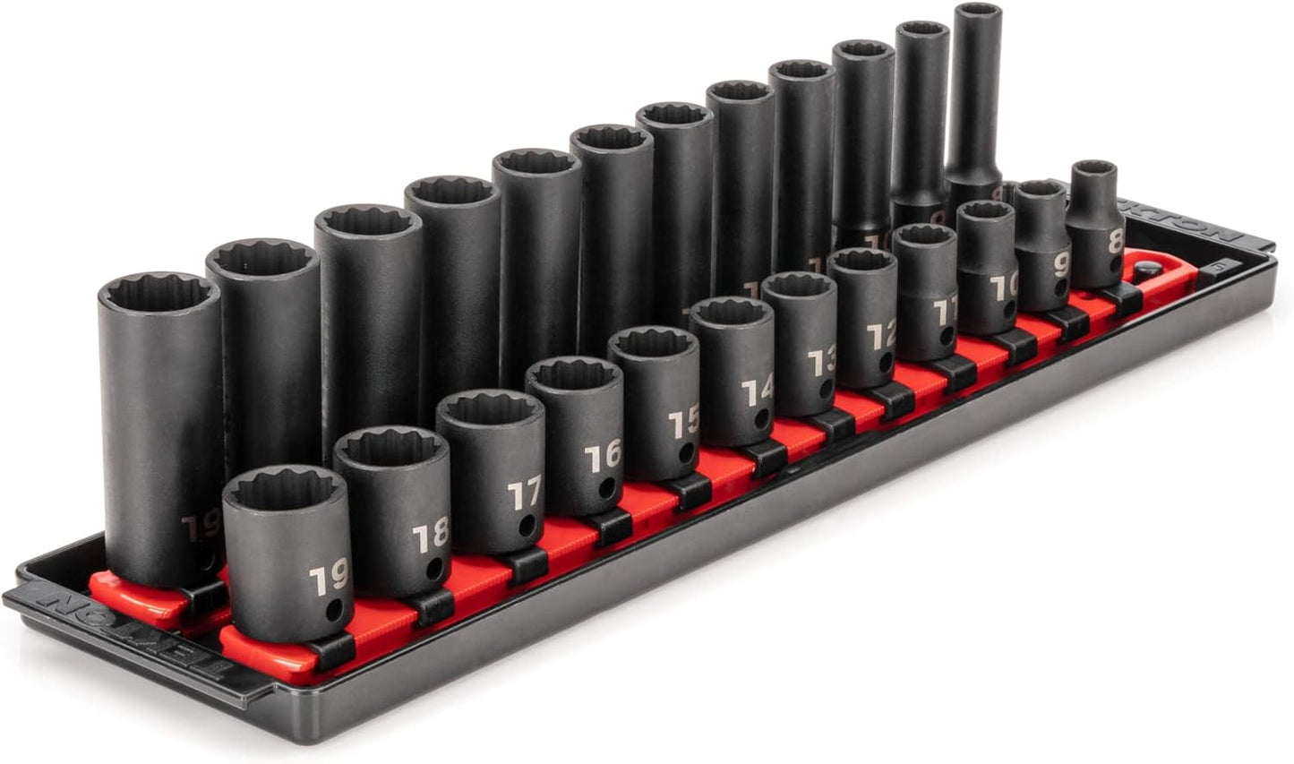 TEKTON 3/8 Inch Drive 12-Point Impact Socket Set with Rails, 68-Piece (1/4-1 in., 6-24 mm) | SID91219
