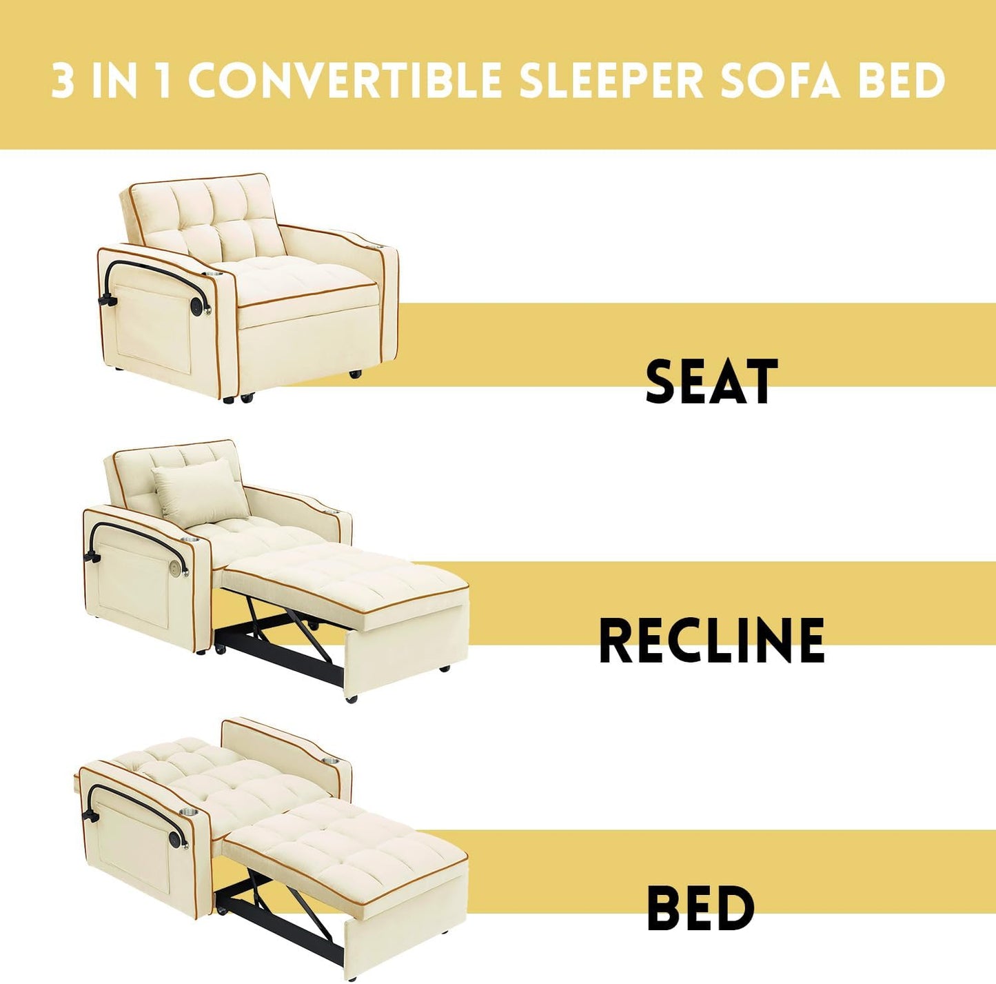 3 in 1 Sleeper Sofa Chair Bed,Velvet Convertible Sleeper Chair,Pull Out Bed Chair with USB Port & Ashtray and Swivel Phone Stand & Storage Pockets,Modern Chair for Living Room