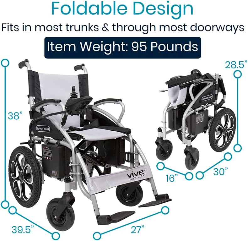 Vive Folding Electric Wheelchair - Foldable Wheel Chair, Narrow Power Scooter, Heavy Duty, TSA Approved - Compact Size for Seniors Adults - Battery Portable, Folds, Shock-Absorbing (16 x 30 x 28.5)