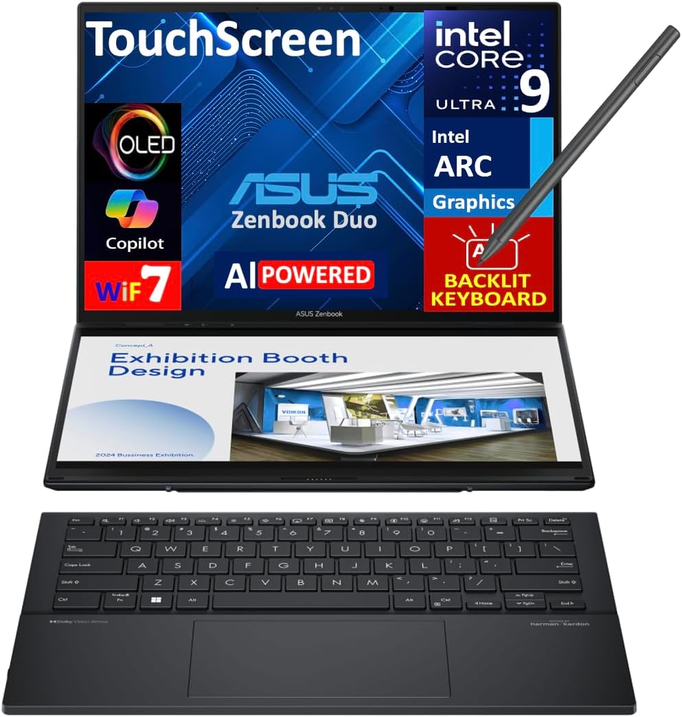 ASUS Zenbook Duo AI Powered 2-in-1 Laptop 14.0" Touchscreen OLED 2.8K Display (Intel Ultra 9-285H, 32GB LPDDR5X, 1TB PCIe SSD, Active Pen, Backlit KB, 2 Thunderbolt 4, Win 11 Pro) w/Premium Backpack