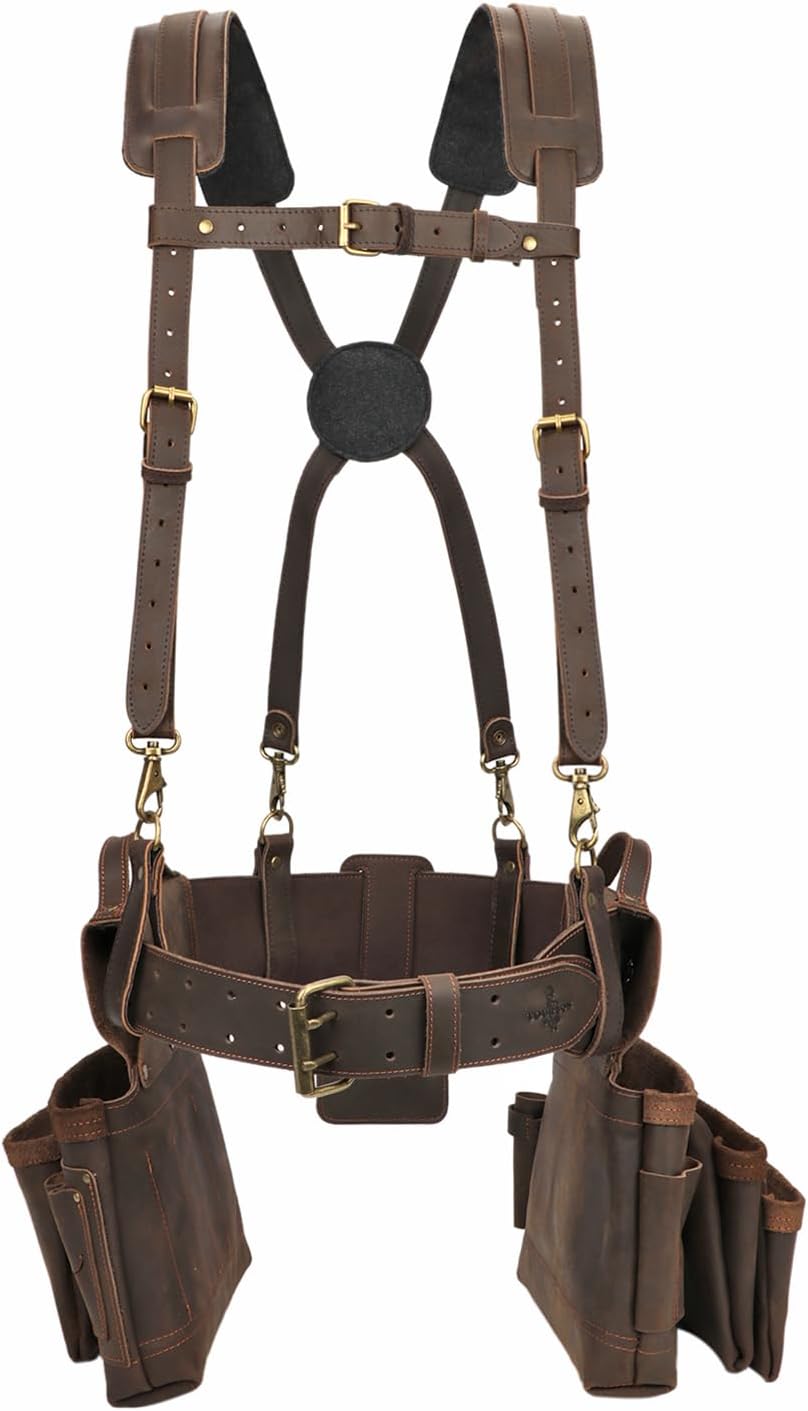 Tourbon Tool Belt with Suspenders Carpentry Multipurpose Rig Pockets Organizer Electrician Tools Pouch Holder Genuine Leather Bag for Construction Framers