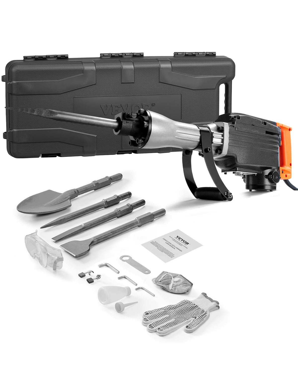 VEVOR Demolition Jack Hammer, 1350 BPM Concrete Breaker 6pcs Chisels Bit Chipping with Case, 2200W Electric Jackhammer Heavy Duty, Black