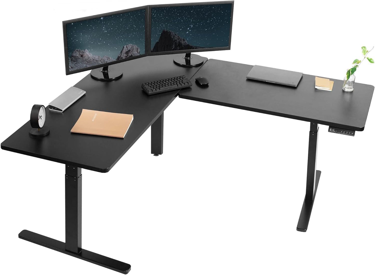 VIVO Electric Height Adjustable 83 x 60 inch Corner Stand Up Desk, 2 Light Wood Solid Table Tops, White Frame, Memory Controller, L-Shaped Workstation, 3E Series, DESK-KIT-3E8C