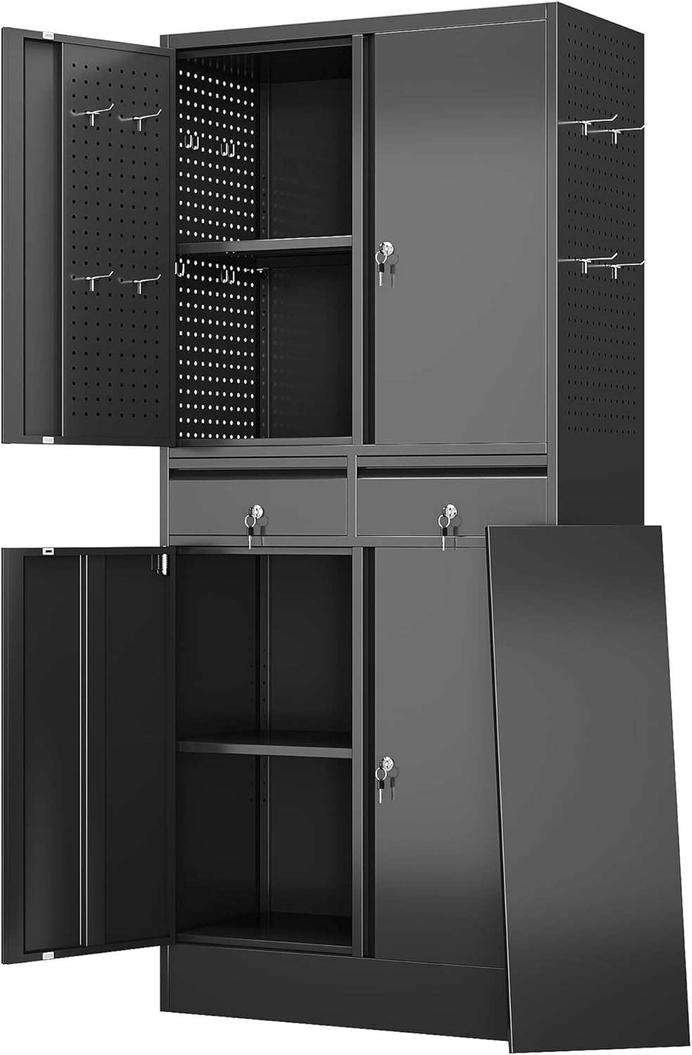 Aobabo Black Metal Cleaning Tool Storage Cabinet with Lockable Door with Keys, 71.41" H×31.53" W×15.74" D, Adjustable Shelves, Pegboard, 13 Hooks, Broom Closet Storage Cabinet for Janitorial Supplies