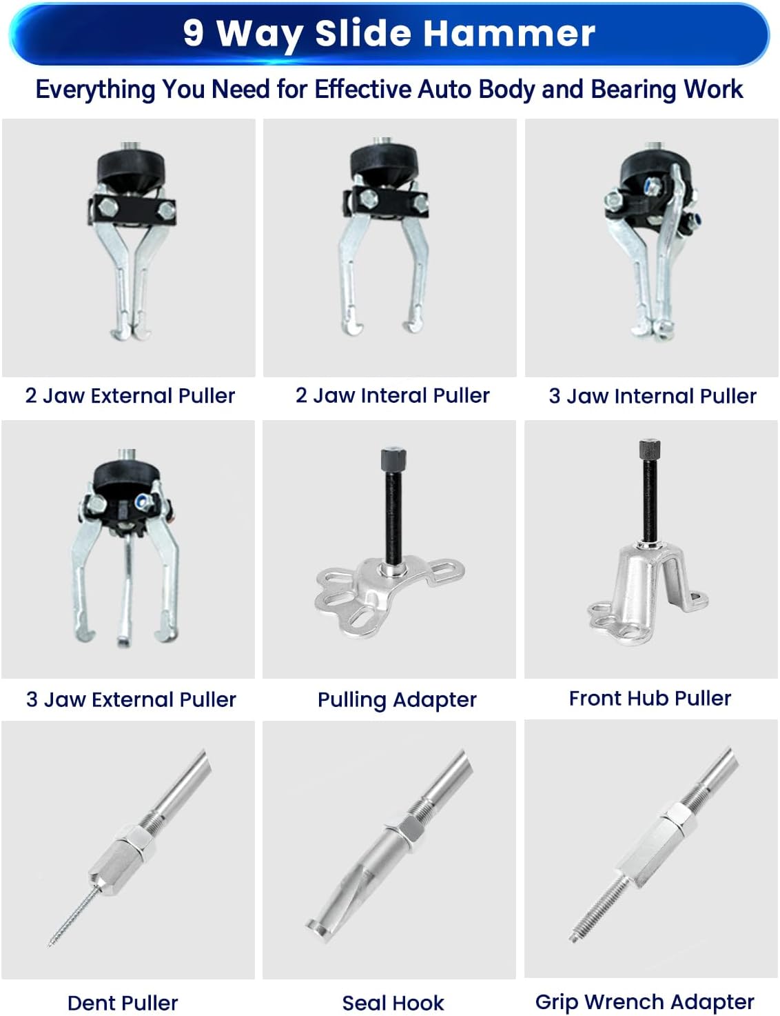 ATPEAM 9-Way Slide Hammer Puller Set | Front Wheel Hub Bearing Remover & Rear Wheel Axle Hub Dent Shaft Puller Tool Kit