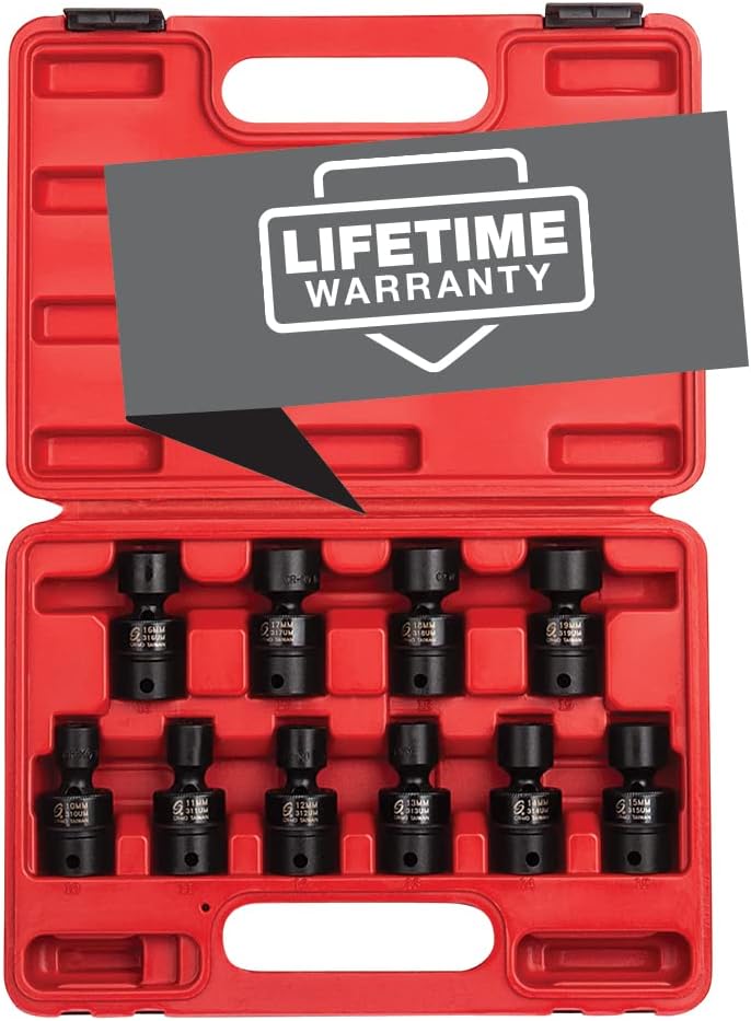 SUNEX TOOLS 3657, 3/8 Inch Drive Universal Impact Socket Set, 10-Piece, Metric, 10mm - 19mm, Cr-Mo Alloy Steel, Radius Corner Design, Dual Size Markings, Heavy Duty Storage Case, Meets ANSI Standards