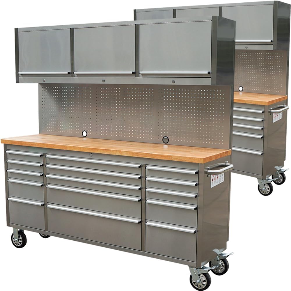 2 Pack - 72" Stainless Steel Rolling Tool Chest with 15 Drawers, Mobile Workbench, Assembled Large Tool Box Lockable Storage Cabinet with Wheels for Garage Workshop (2 × HTC7215W1)