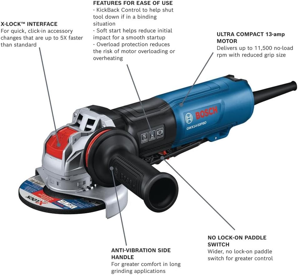 BOSCH GWX14-50PBD 5 In. X-LOCK™ Angle Grinder - 13-Amp Motor, 11,500 RPM, Lightweight Design, Paddle Switch, Brake System, Anti-Vibration Handle, KickBack Control, Overload Protection