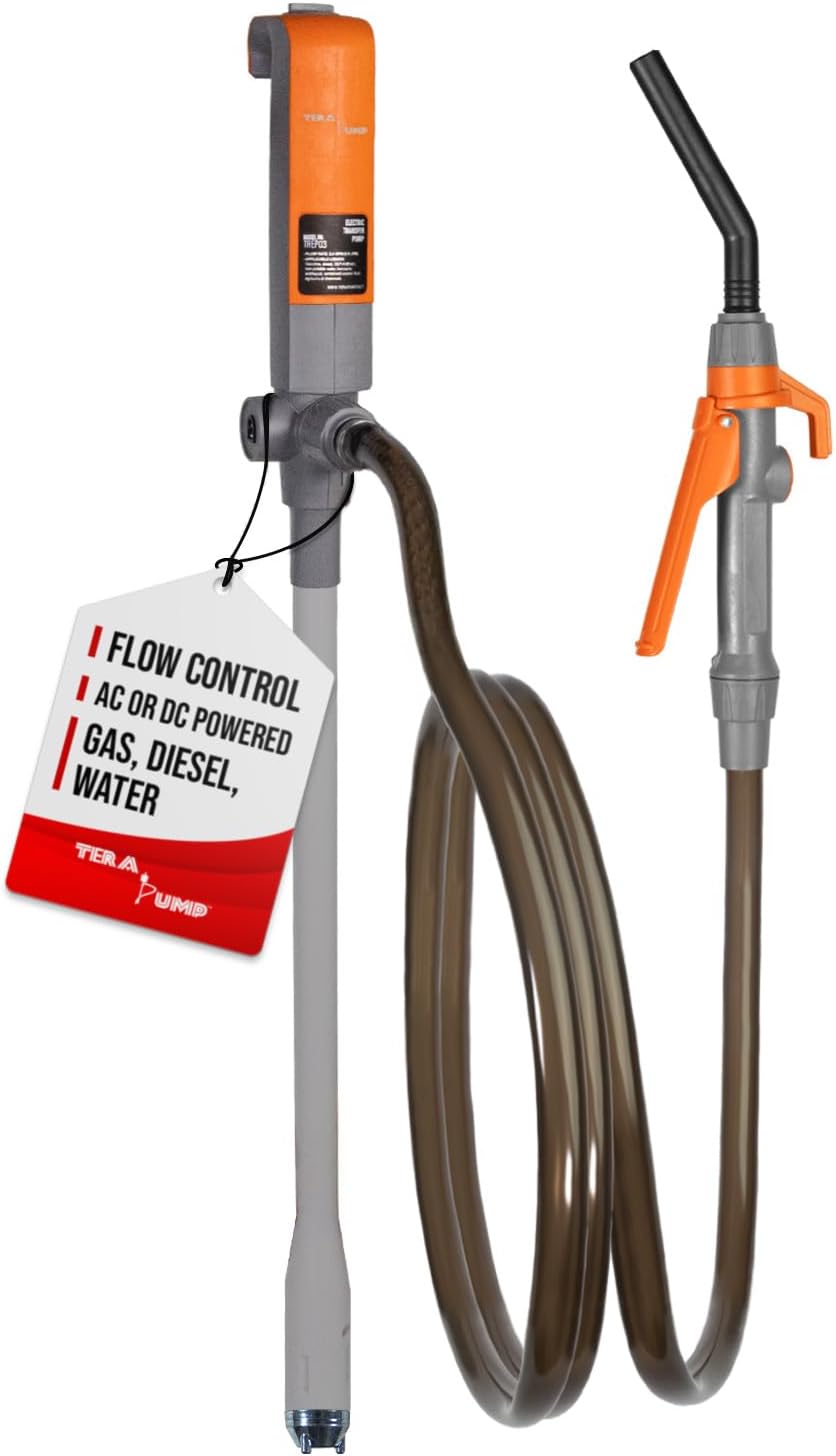 TERA PUMP Fuel Transfer Pump w/Flow Control Nozzle & Telescopic Tube - 3X Powerful D Battery Powered, 10FT XL Long Vinyl Discharge Hose, Multipurpose Portable Battery Pump For Gas, Diesel (2.3 GPM)
