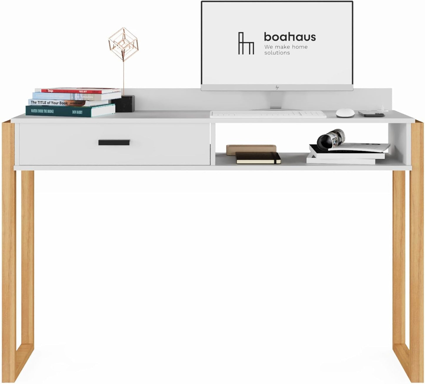 Boahaus Modern Computer Desk with USB Port & Storage - White/Brown - Space-Saving Home Office Desk