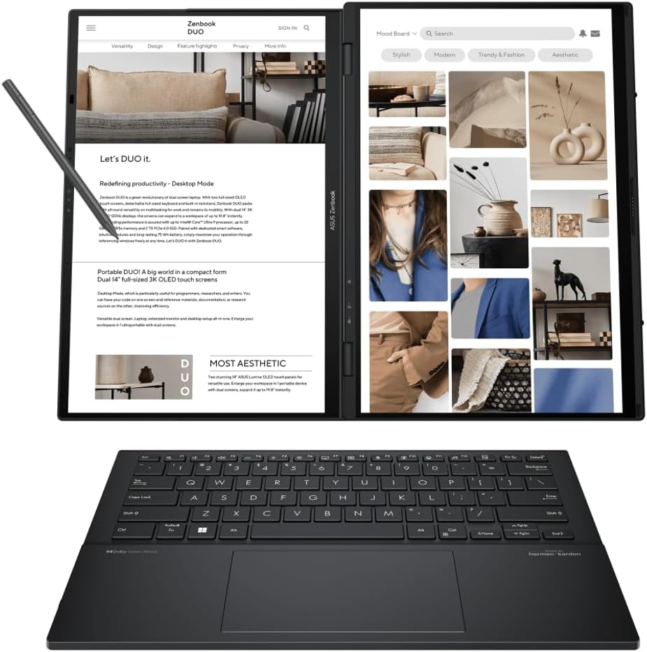 ASUS Zenbook Duo AI Powered 2-in-1 Laptop 14.0" Touchscreen OLED 2.8K Display (Intel Ultra 9-285H, 32GB LPDDR5X, 1TB PCIe SSD, Active Pen, Backlit KB, 2 Thunderbolt 4, Win 11 Pro) w/Premium Backpack