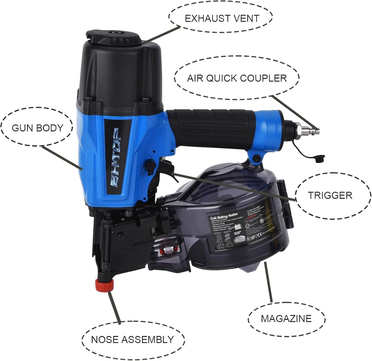 BHTOP Siding Nail Gun, 15-Degree Coil Siding Fencing Nailer, 1-1/2 inch to 2-1/2 Inch for Siding, Fiber Cement, Fencing, Cedar Shake