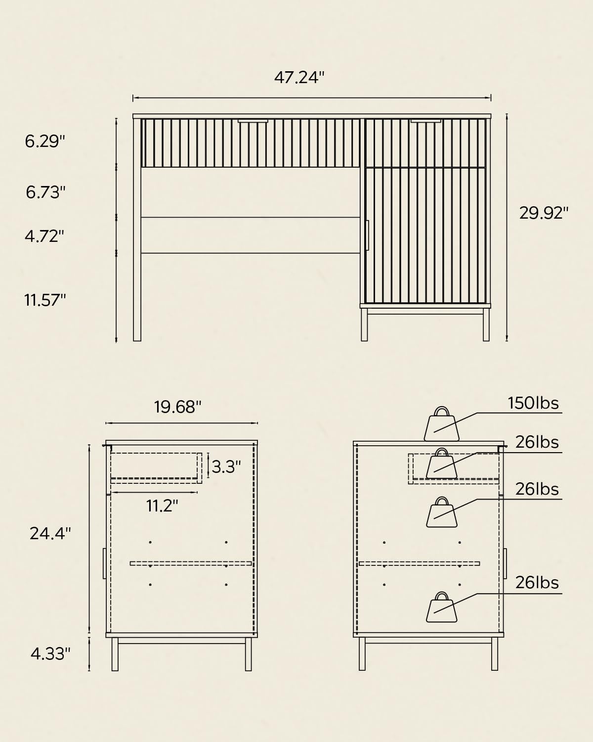 47" Home Office Desk with Fluted Drawers, Wood Exectuive Desk with Storage Cabinet, Charging Station, Metal Legs Modern Farmhouse Computer Desk for Work, Study White