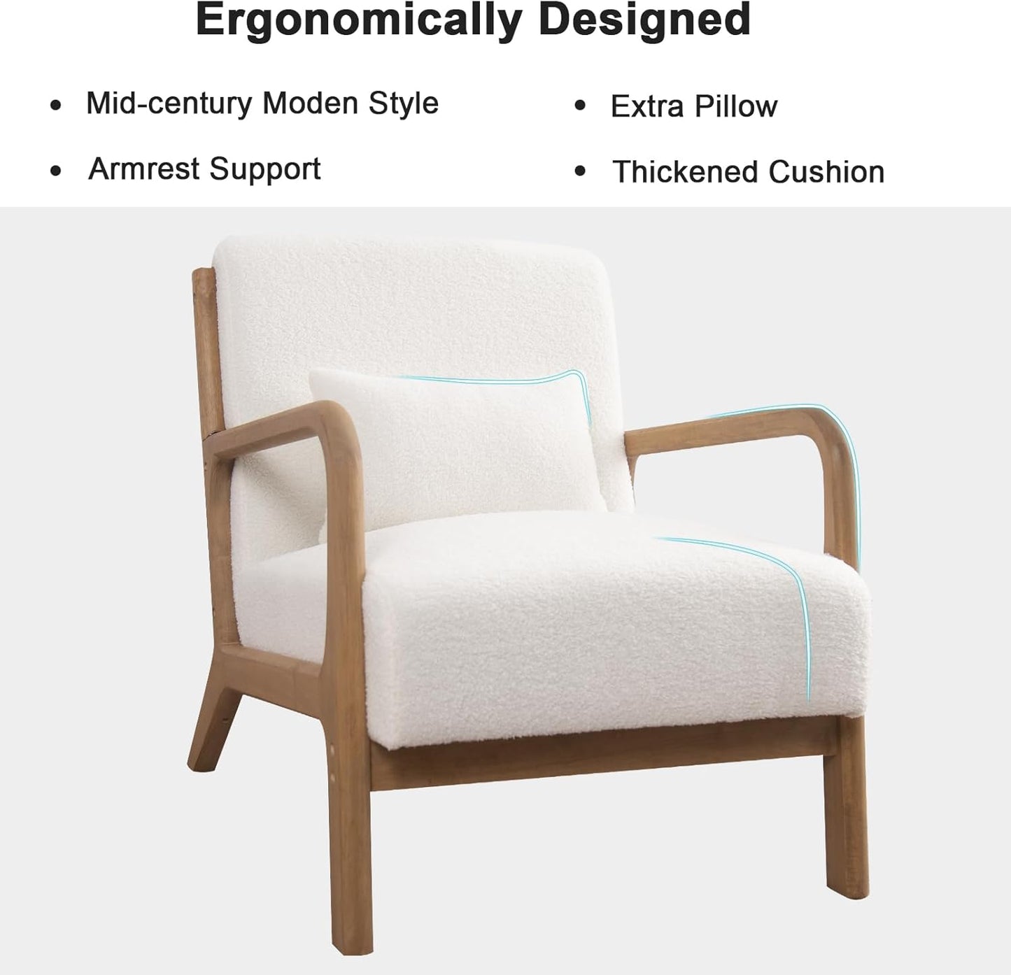ANJ Modern Arm Chairs Set of 2, Mid-Century Modern Accent Chair Upholstered Lounge Chair with Pillow and Solid Wood Frame, Comfy Lambswool Chairs for Living Room