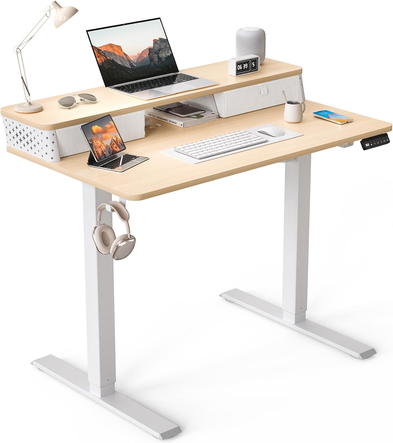 48"x 24" Standing Desk with Drawers, Easy Assembly Design, Adjustable Height Sit Stand Up Desk, Home Office Table with C-Clamp Mount Compatible, 3 Preset Heights & 2 Hooks(Rustic Brown)
