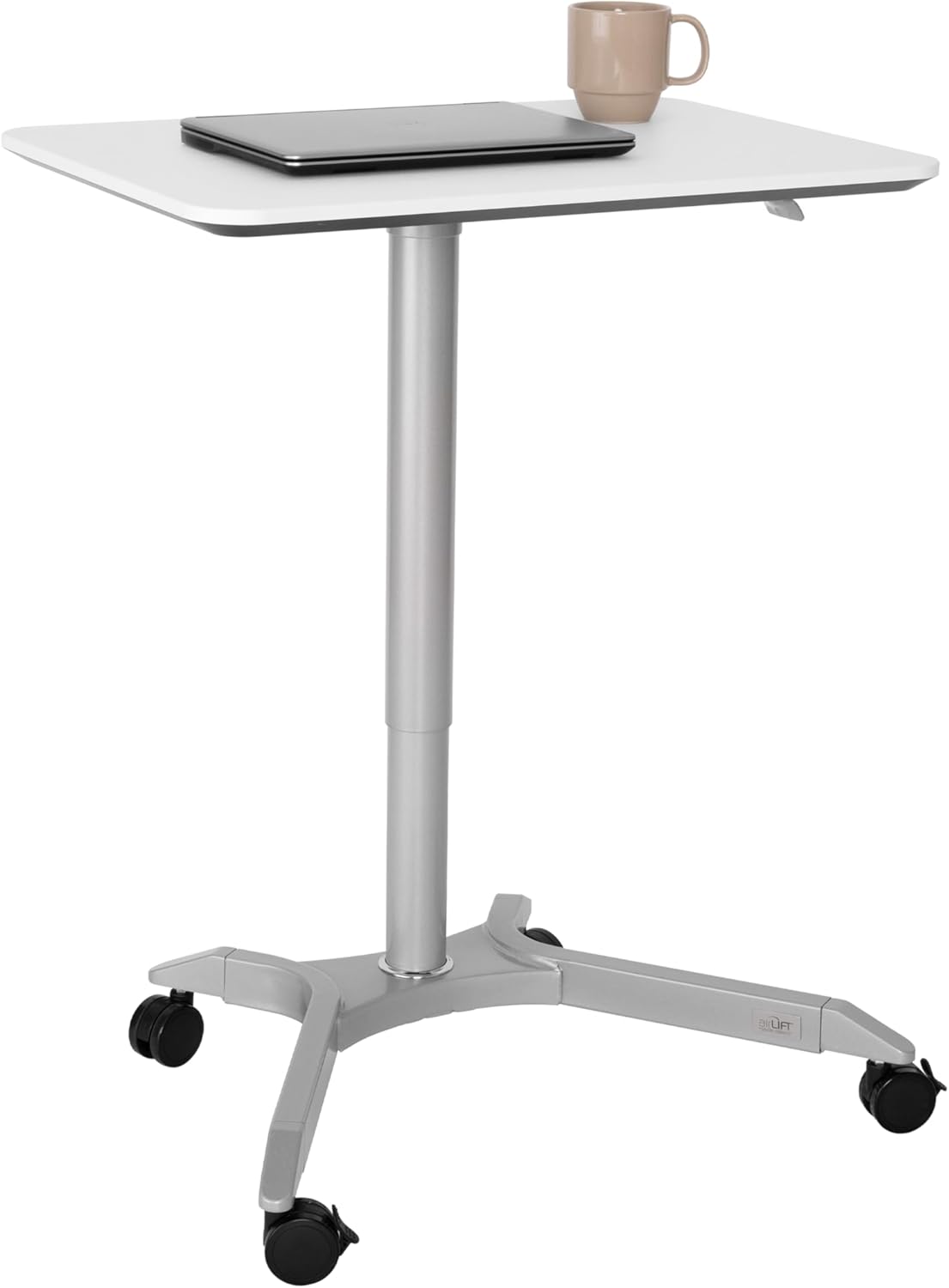 Seville Classics Airlift Height Adjustable Pneumatic Laptop Sit Stand Desk Mobile Rolling Cart, Computer Workstation for Home Office, Classroom, White, 25.6" Desktop