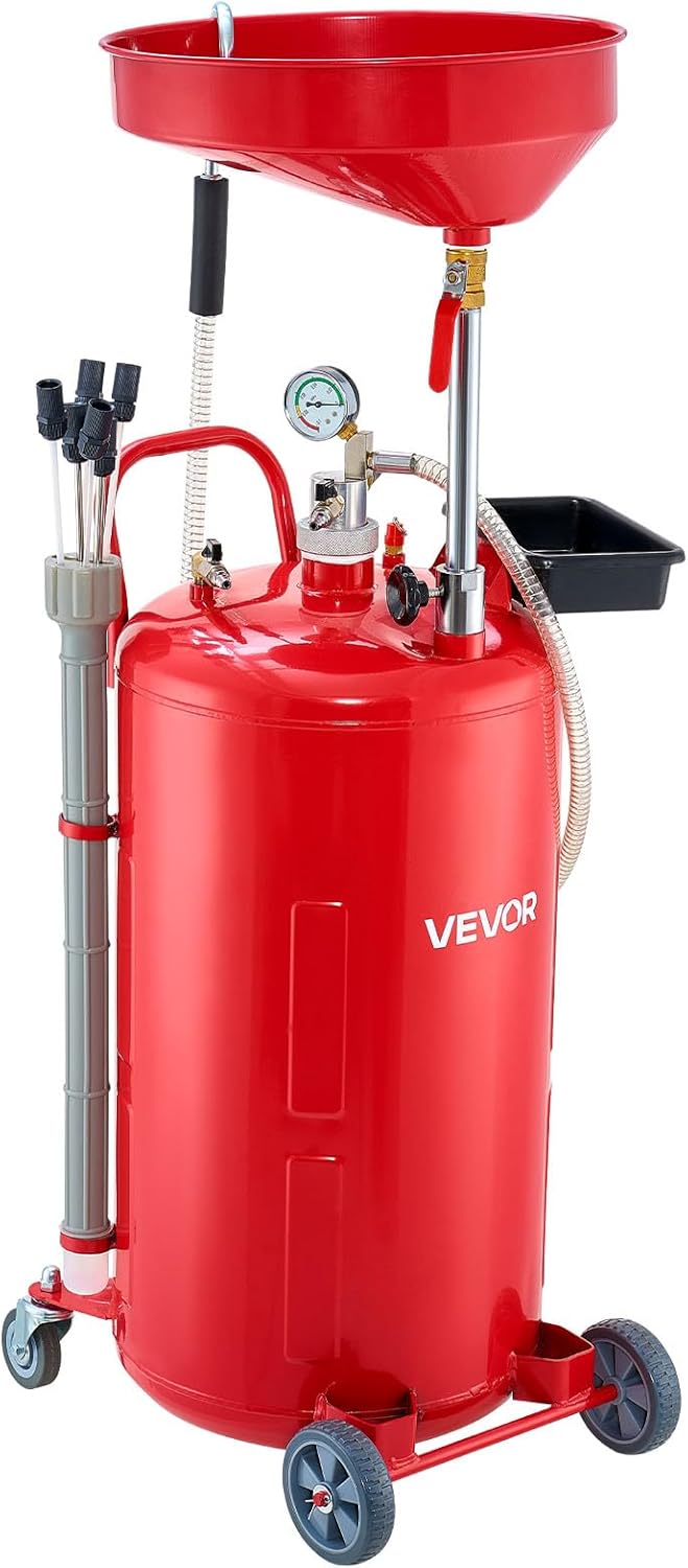 VEVOR 20-Gallon Waste Oil Drain Tank, Air Operated Portable Oil Drainer with Adjustable Funnel Height, Fluid Fuel Transfer Drainage with Wheels, Oil Change Container for Auto Repair Shops, Garages