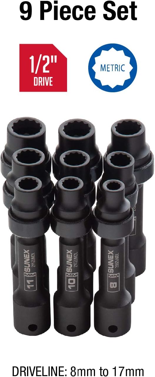 SUNEX TOOLS 2695, ½ Inch Drive Driveline Limited Clearance Socket Set, 12-Point, 9-Piece, Metric, 8mm-17mm, Cr-Mo Steel, Heavy Duty Storage Case
