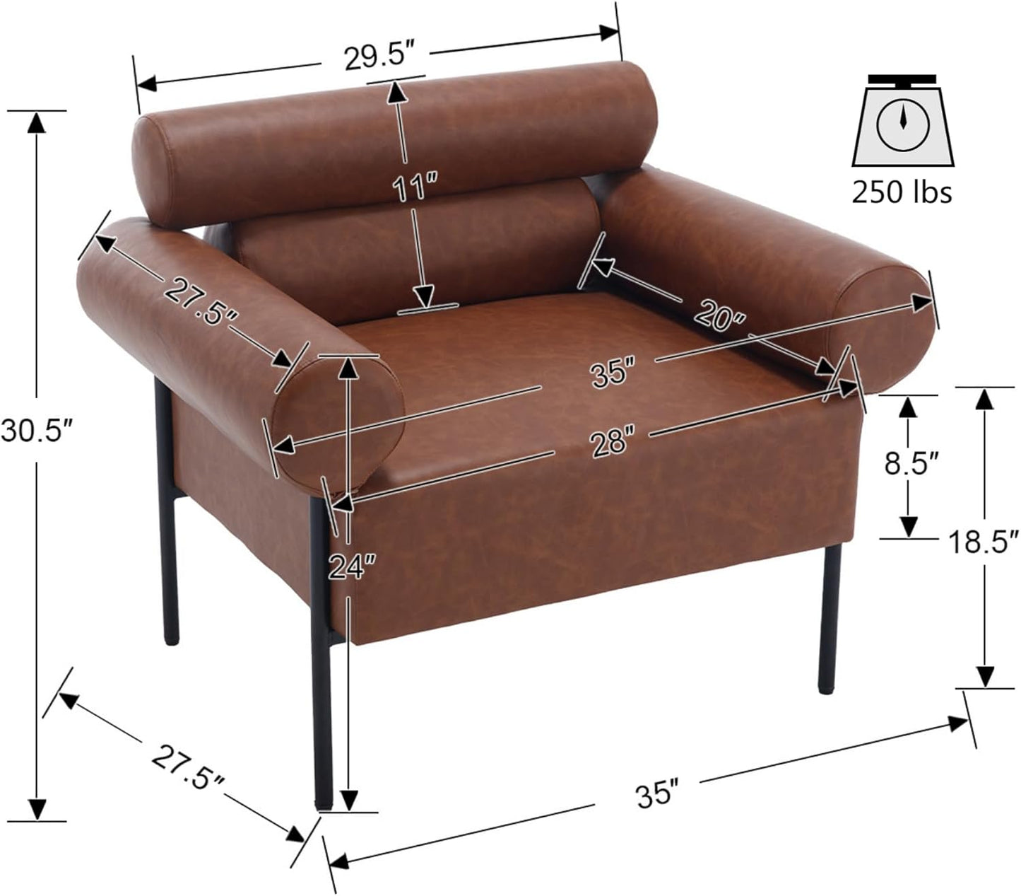 VESCASA Faux Leather Oversized Chair Accent Chair Arm with Metal Legs, 28" W Comfy Side Chair with Padded Back, Modern Upholstered Chair with 8.5" T Seat for Living Room/Reading, Brown