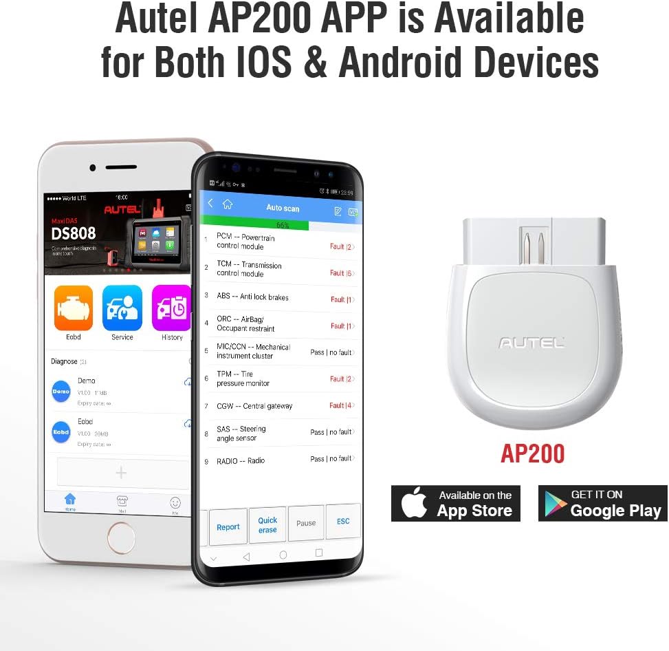 Autel AP200(HT200) Bluetooth OBD2 Scanner, Code Reader with Full Systems Diagnoses and 19 Service Functions, Mini Size Version of MK808 Diagnostic, Vehicle Scan Tool for iPhone & Android Devices