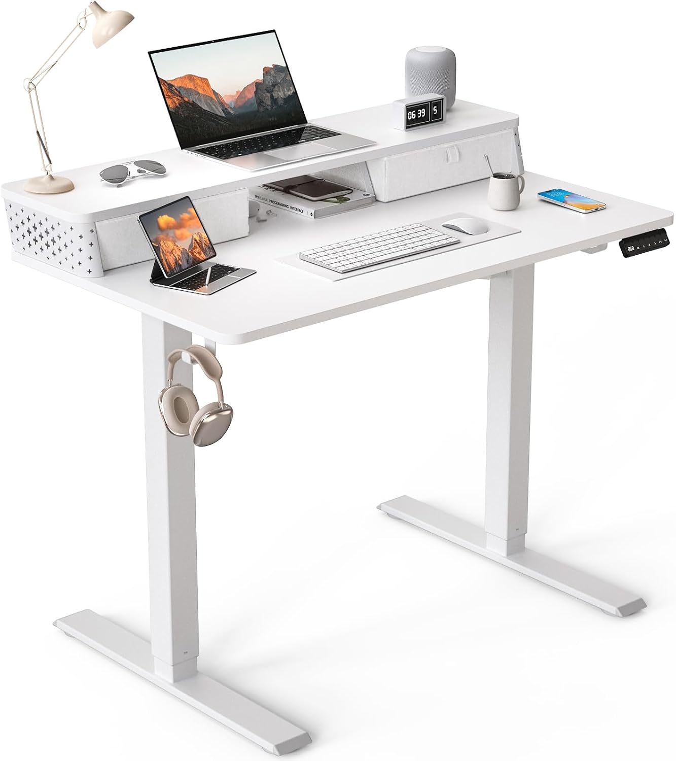 48"x 24" Standing Desk with Drawers, Easy Assembly Design, Adjustable Height Sit Stand Up Desk, Home Office Table with C-Clamp Mount Compatible, 3 Preset Heights & 2 Hooks(Rustic Brown)