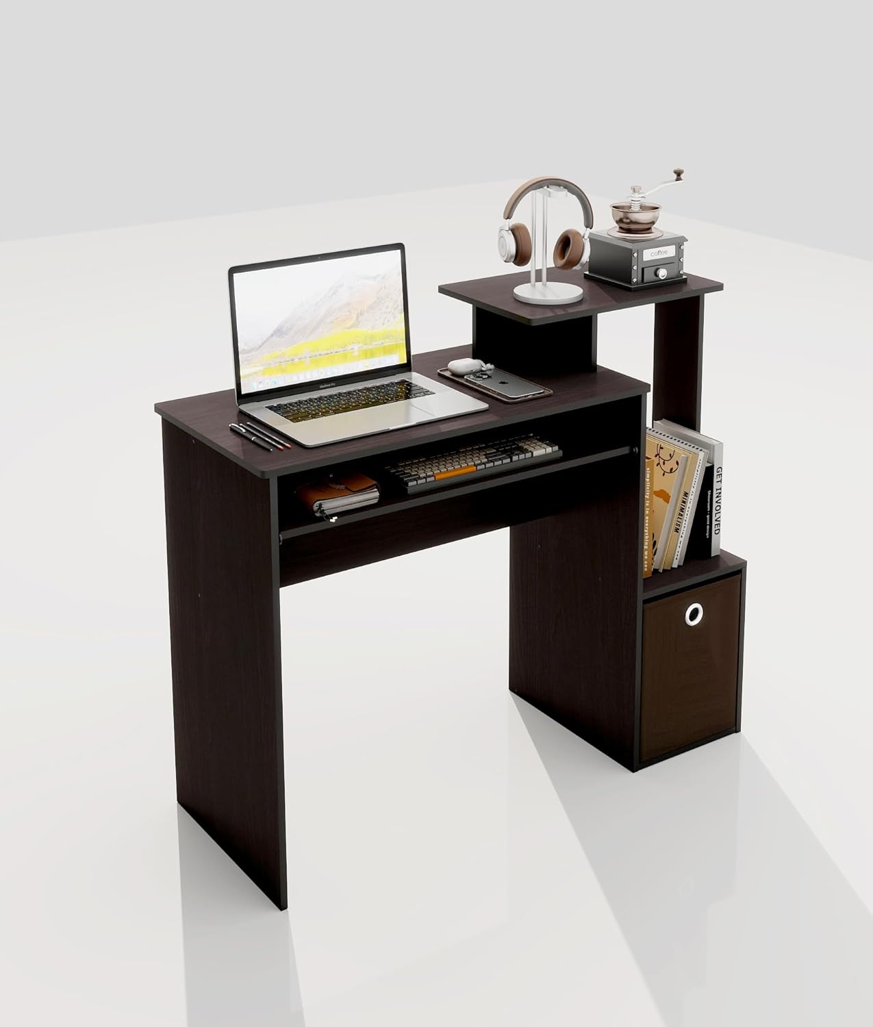 Small Computer Desk for Bedroom, Home Office Desk with Drawers Storage Shelves for Living Room Study Bedroom, Dark Walnut/Brown