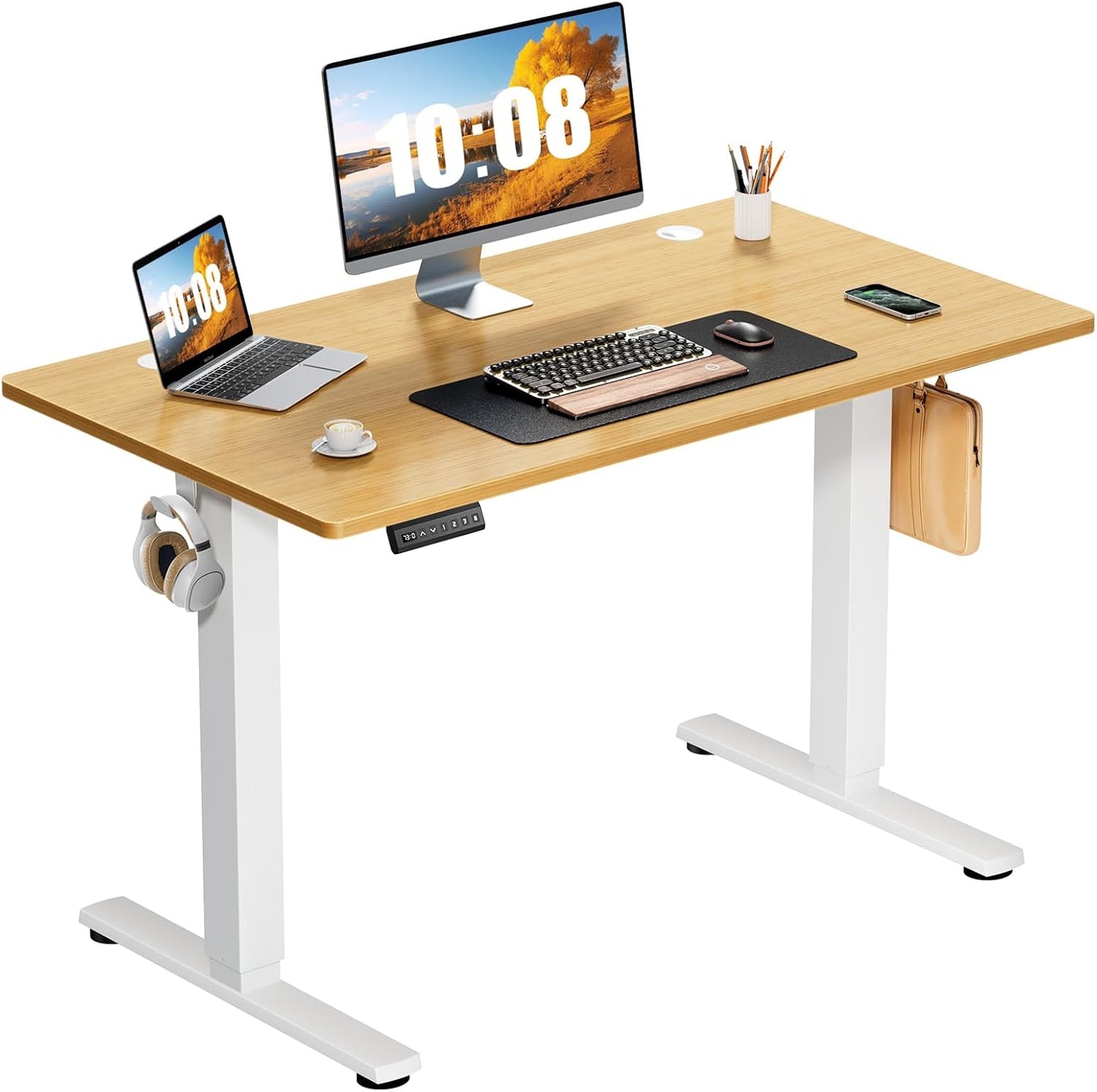 Sweetcrispy Electric Standing Desk Adjustable Height, 48x24 Inch Sit Stand Up Home Office Desks Computer Workstation PC Work Table with 3 Memory Preset Splice Wood Board Metal Frame, White
