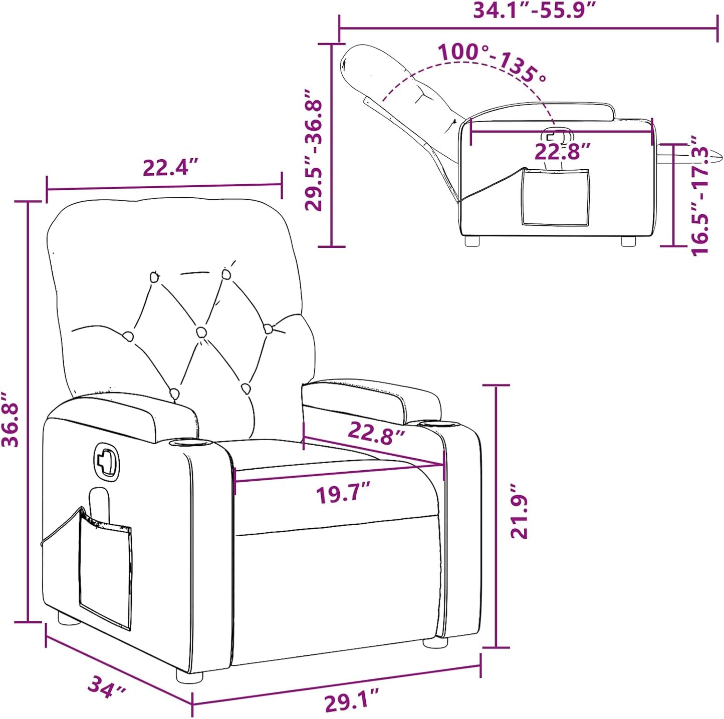 vidaXL Leather Massage Recliner Chair for Living Room, Home Theater, 6-Point Vibration Massage, Adjustable Back & Footrest, Cup Holders, Black