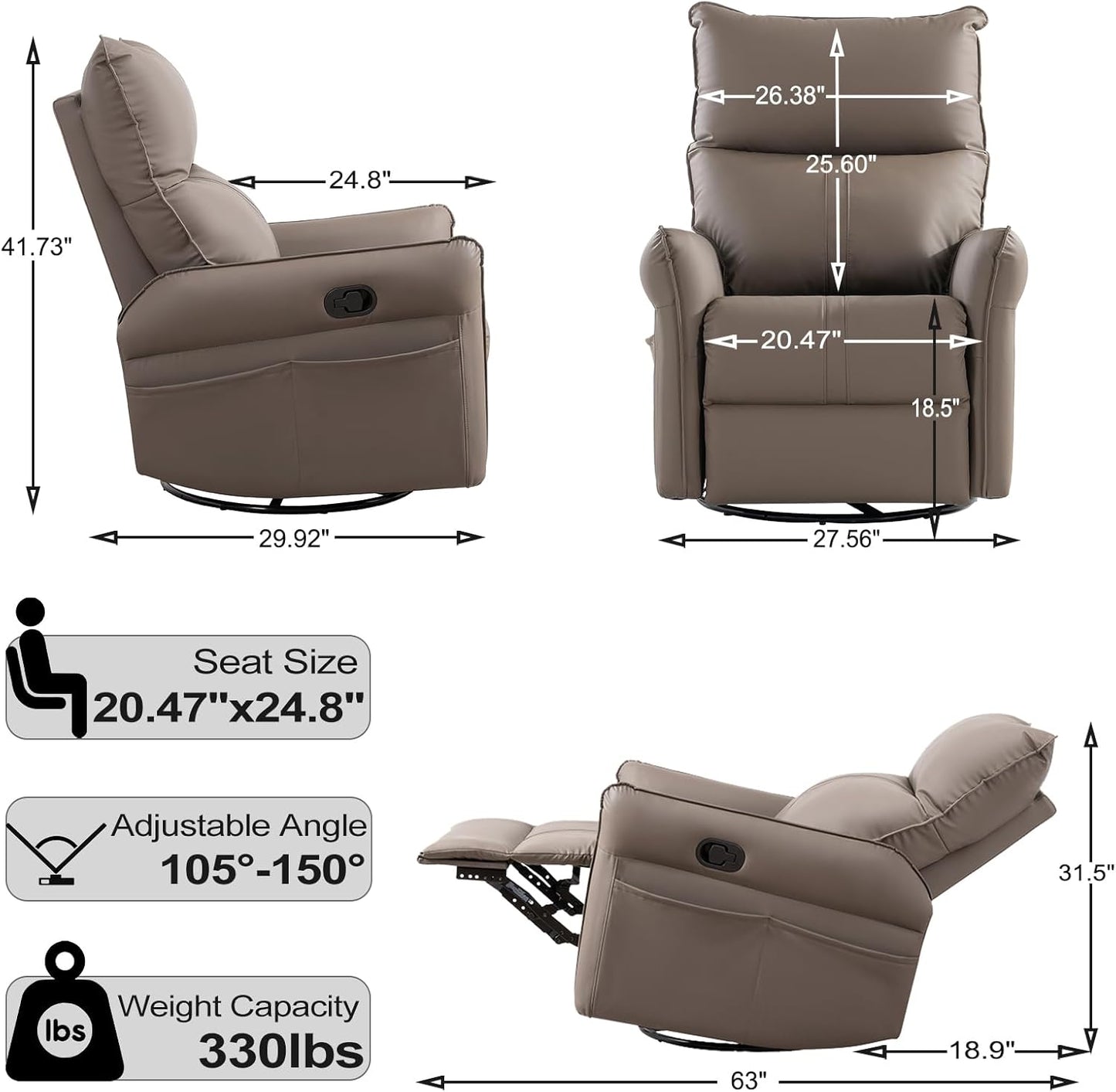 Swivel Rocker Recliner Chair, Modern Faux Leather Manual Recliner, Glider Recliner, 360 Swivel, 30 Rocking, Relaxing, Living Room, Bedroom