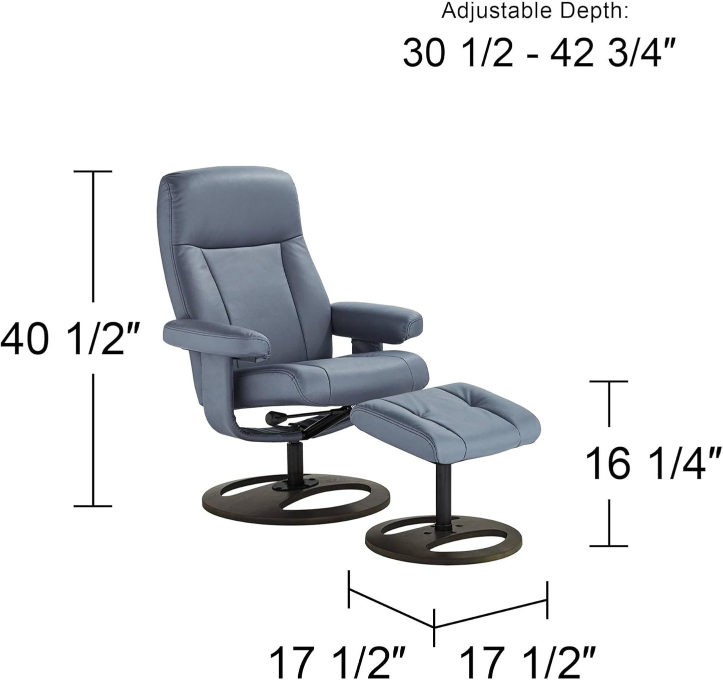 Benchmaster Bruce Bermuda Gray Faux Leather Recliner Chair Modern with Ottoman Footrest Ergonomic Manual Reclining Swivel for Bedroom Living Room Reading Home Relax Den Office Entryway