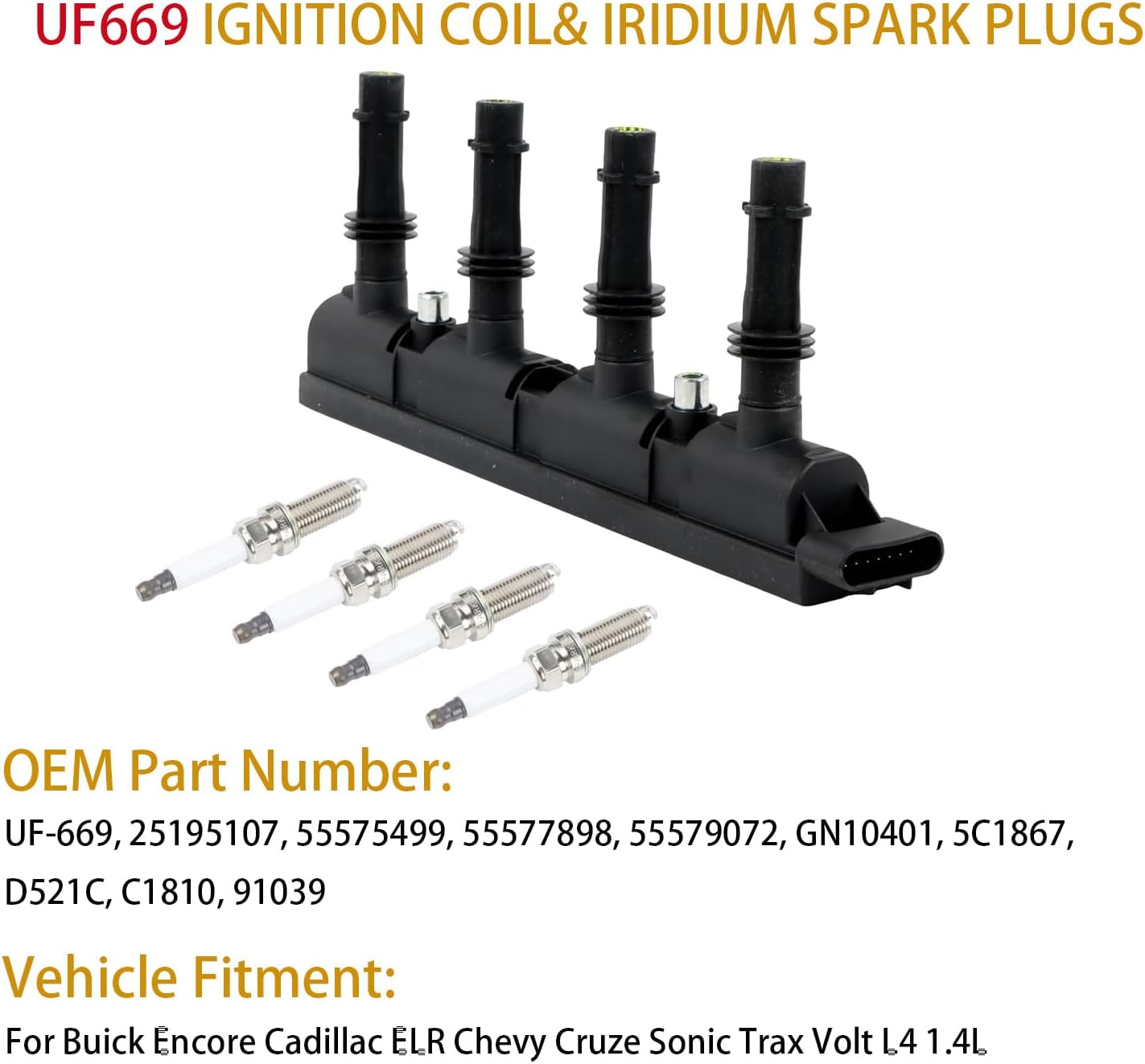 UF669 Ignition Coil and Spark Plugs Kit 91039 Compatible with Cadillac ELR Encore Chevy Cruze Sonic Trax Volt 1.4L Automotive Replacement Ignition Coil Packs