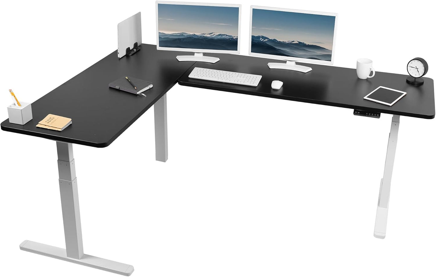 VIVO Electric Height Adjustable 83 x 60 inch Corner Stand Up Desk, 2 Light Wood Solid Table Tops, White Frame, Memory Controller, L-Shaped Workstation, 3E Series, DESK-KIT-3E8C
