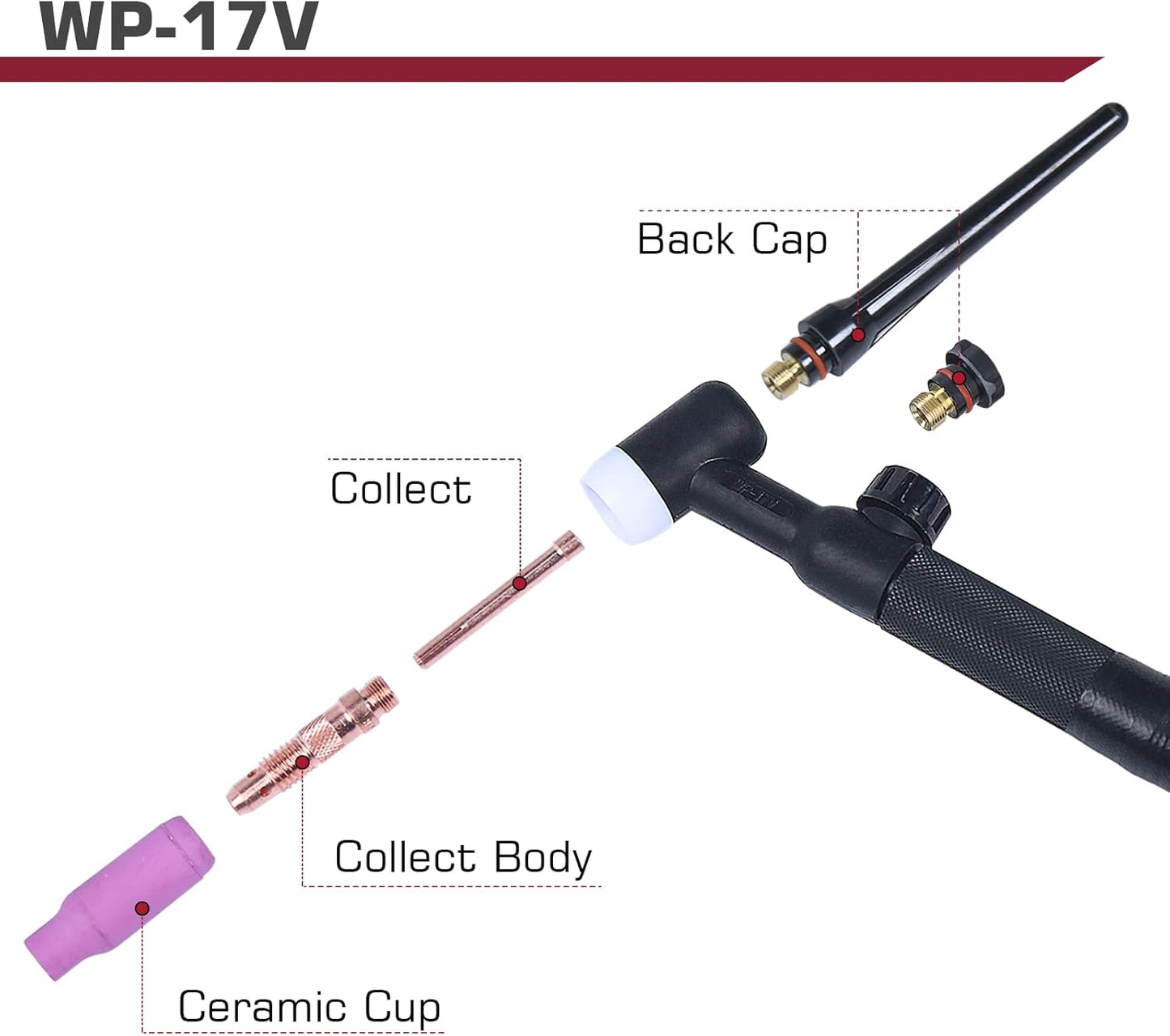 ARCCAPTAIN TIG Welding Gun, WP-17V Argon TIG Torch with 13FT Red Air Hose and 10-25mm Connector, Lift Tig Torch 150amp with 13FT Cable for ARCCAPTAIN ARC160, MIG130, MIG160, ARC165 Pro and MIG145 Pro