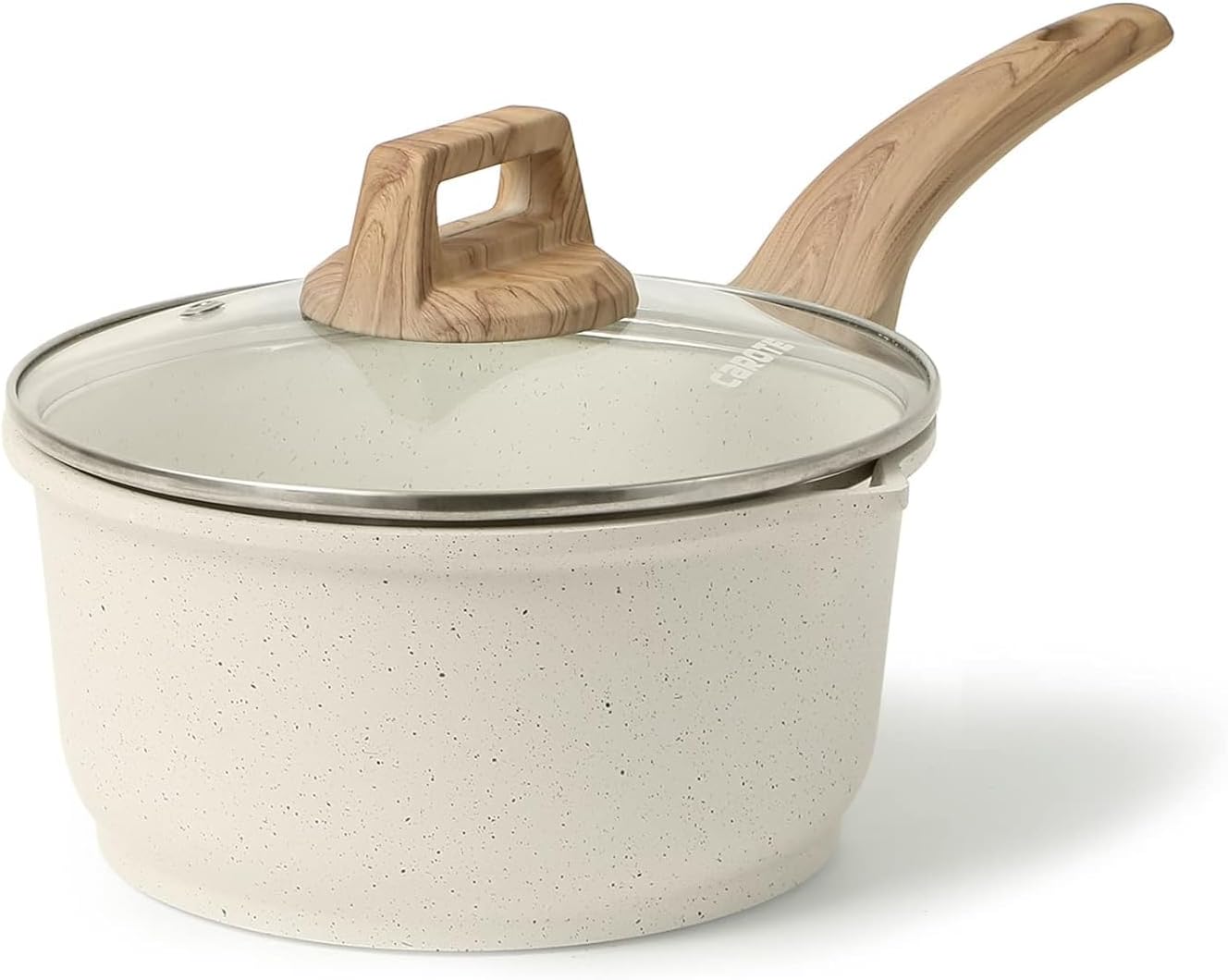 CAROTE 1.5Qt & 3.0Qt Sauce Pan Sets with Lid Cooking Pots Nonstick Saucepans Cookware Set with Pour Spout Small Kitchen Pot, Induction Comptable, Easy to Clean, PFOA FREE (White Granite)