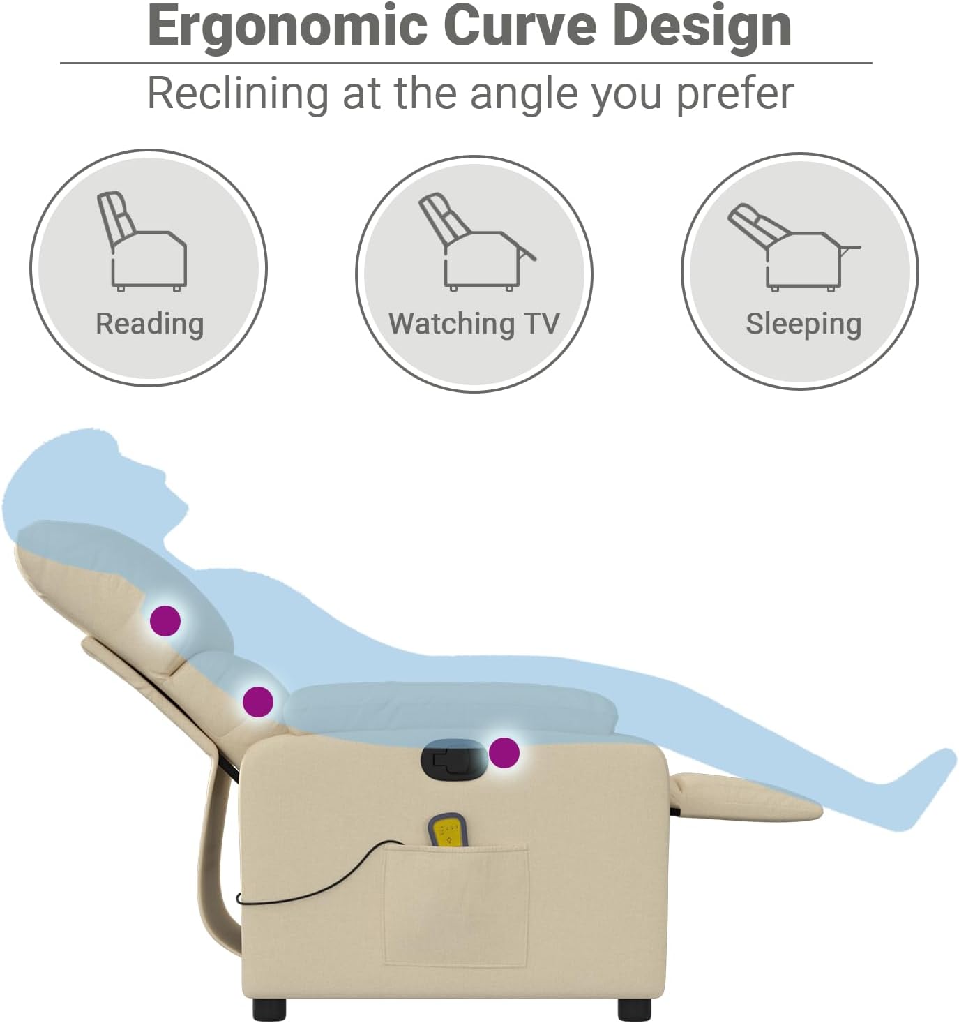 vidaXL Fabric Massage Recliner Chair for Living Room, Home Theater, 6-Point Vibration Massage, Adjustable Back & Footrest, Side Pocket, Cream