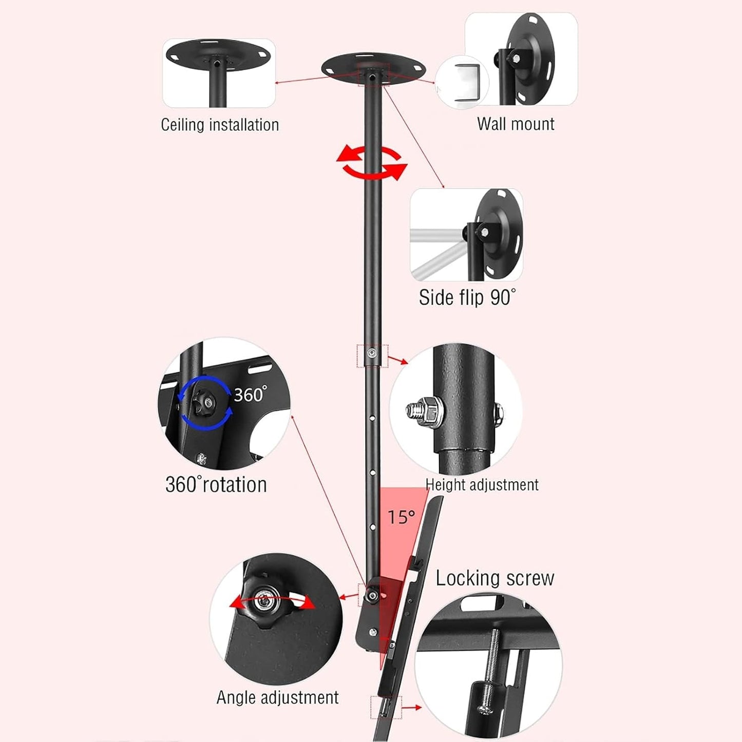 Adjustable Ceiling Tv Mount Bracket - Tilt and Swivel Tv Ceiling Mount, Full Motion 360 Deg Rotation Tilt Tv Stand, Fits Most 37-50 Inch LCD Flat Screen Tvs, Ceiling/Wall