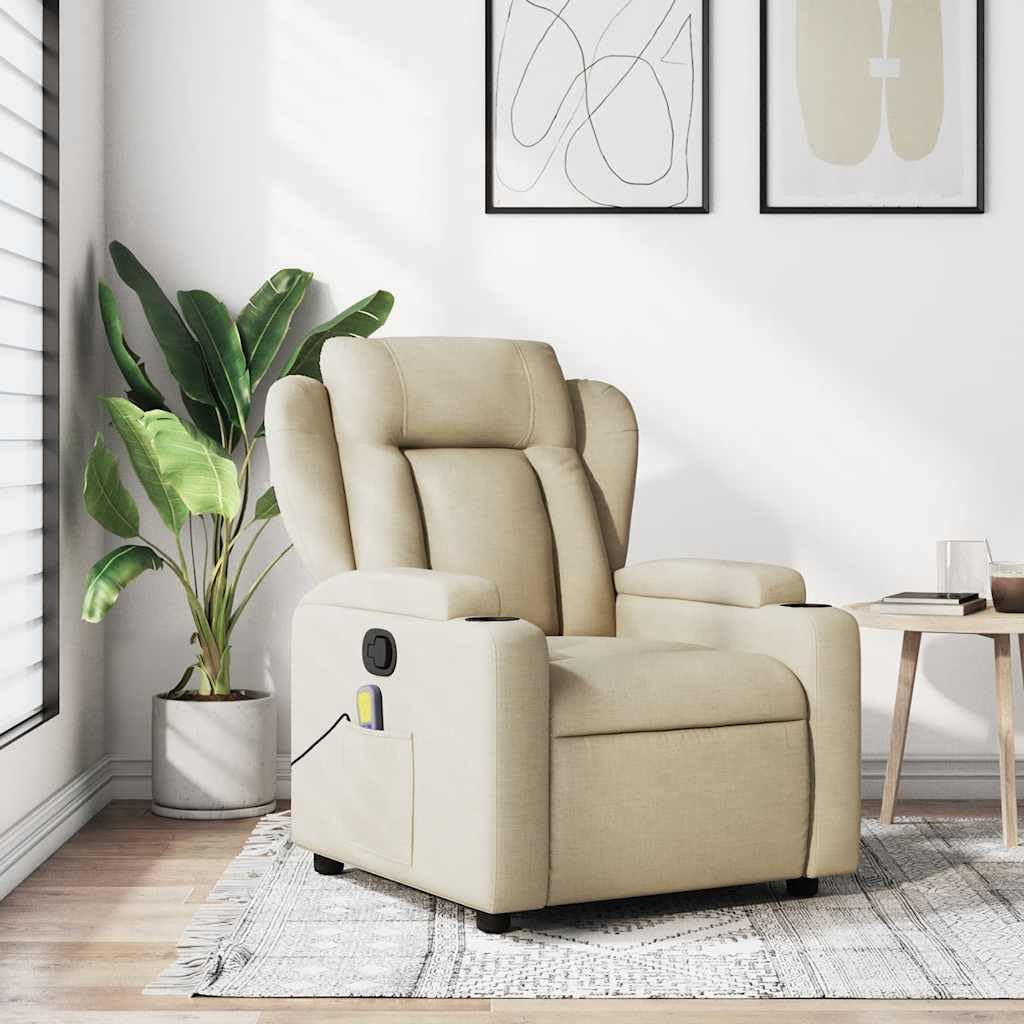 vidaXL Massage Recliner Chair - Cream Fabric - Manual Recliner with 6-Point Vibration Massage, Cup Holders, and Side Pocket for Living Room/Office - Adjustable Footrest and Backrest