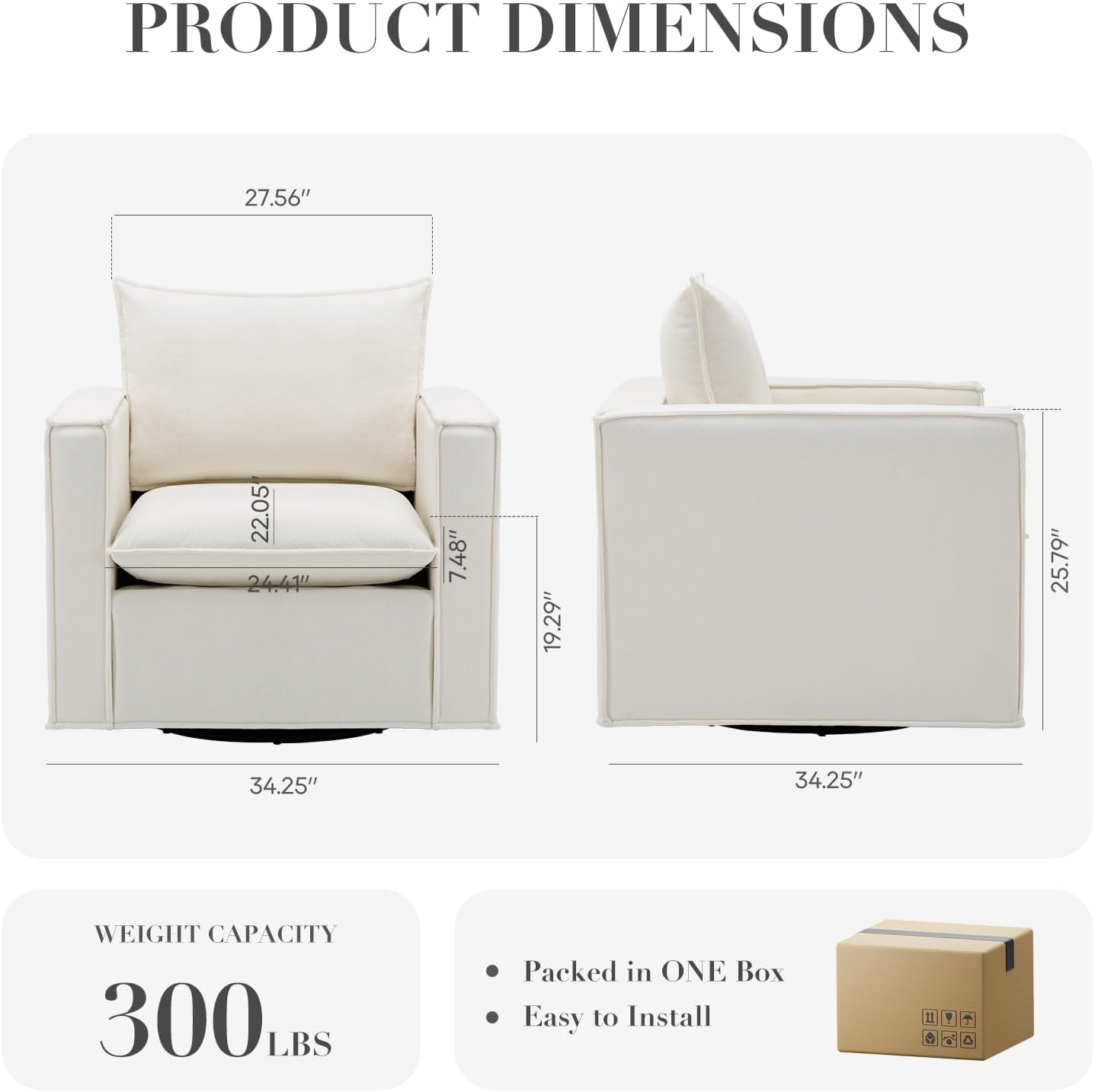 Swivel Accent Chair, 34 Inches Wide Upholstered Arm Chair with Plump Back Pillow, Modern Sofa Living Room Chair for Bedroom, Corner, Reading Nook-Beige