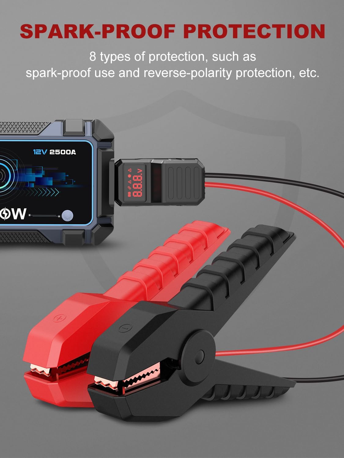 AVAPOW Jump Starter Car Battery 2500A Peak,Portable Jump Starters for Up to 8L Gas 8L Diesel Engine with Booster Function,Wireless Charging Design,12V Lithium Jump Pack with Smart Safety Clamp, IP65