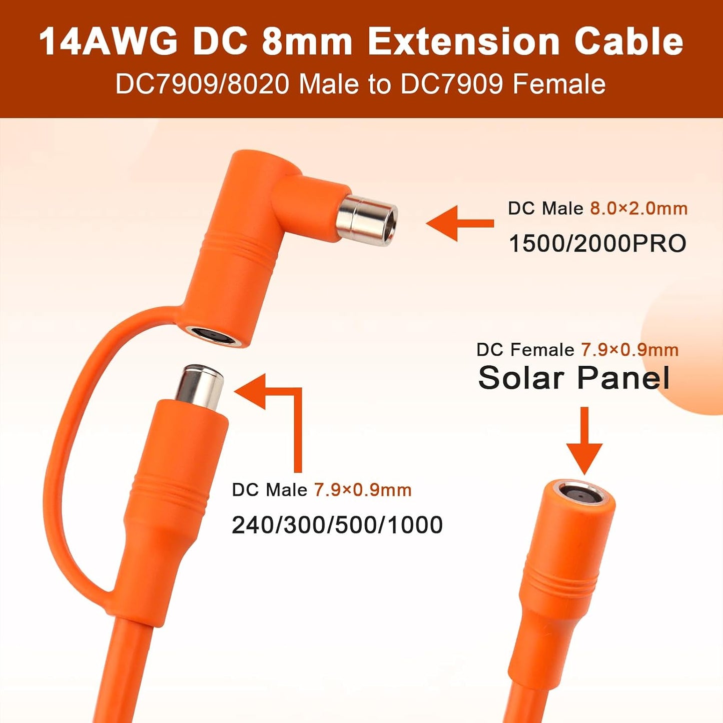 14AWG DC 8mm Extension Cable for Solar Panel 50FT,DC7909 Solar Panel Cable Female to Male with DC8020 Male Adapter Compatible with Aker,GZ Yeti,BLUETT,Jackery Portable Power Station - 50 Foot