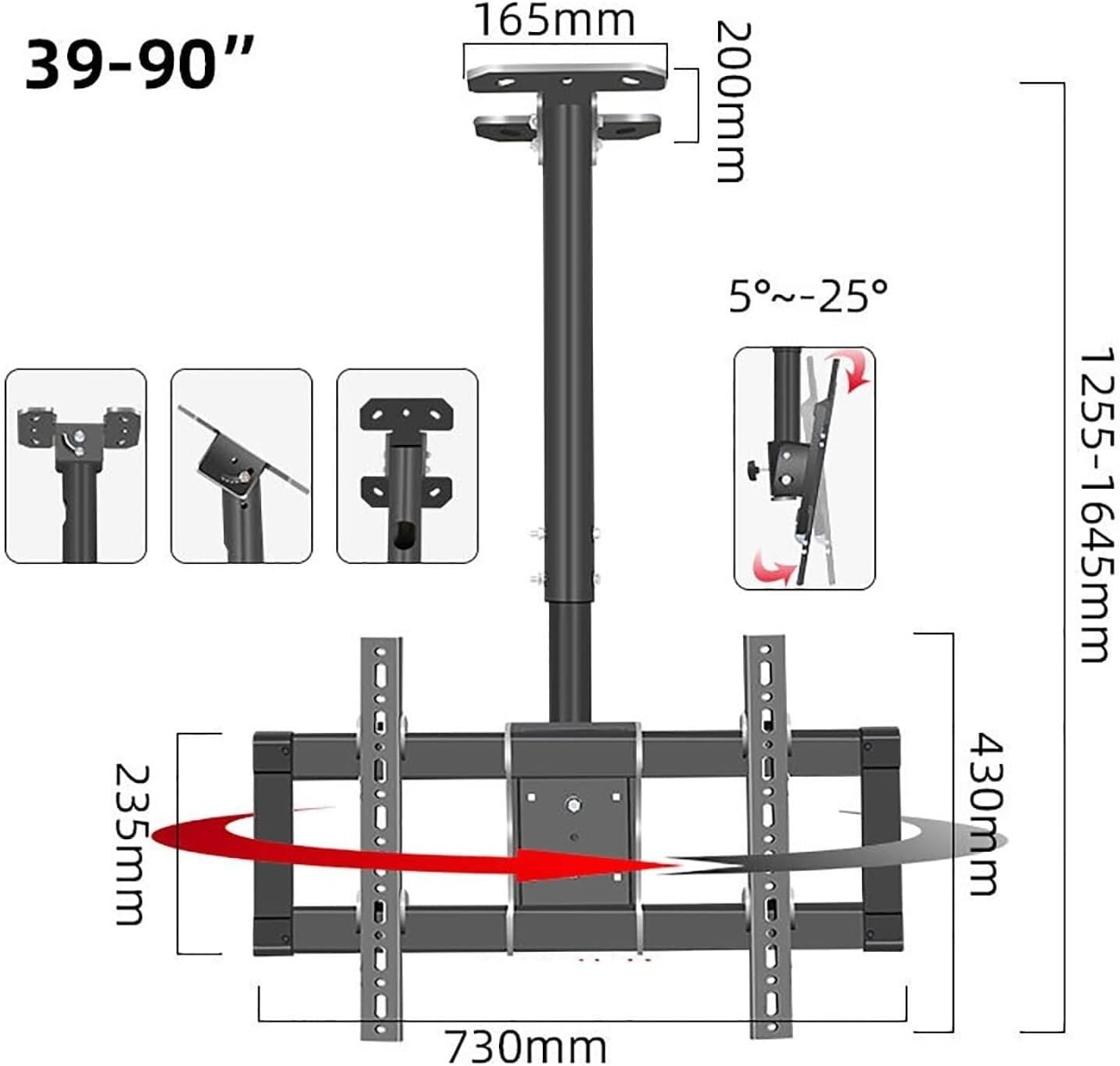 Adjustable Ceiling Tv Mount Bracket, 360° Rotating Tv Stand, Fits 39-90 Inch Tvs, 600X400Mm, Supports 176 Lbs, Tilt, Swivel & Extendable Design