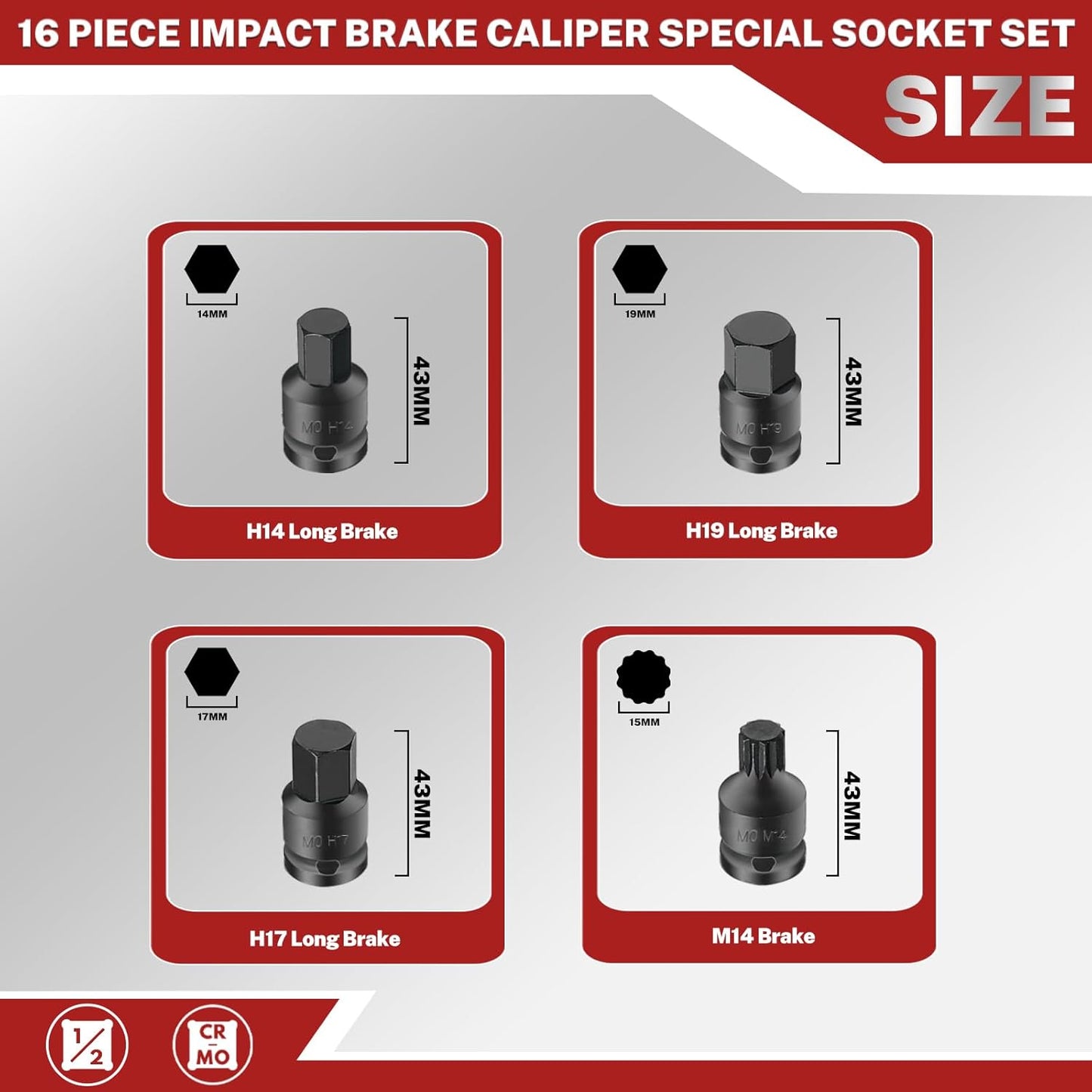 BILITOOLS 16-Piece Impact Brake Caliper Socket Set, 1/2" Drive Brake Adjusting Tool Compatible with Audi Porsche VW BMW Ford