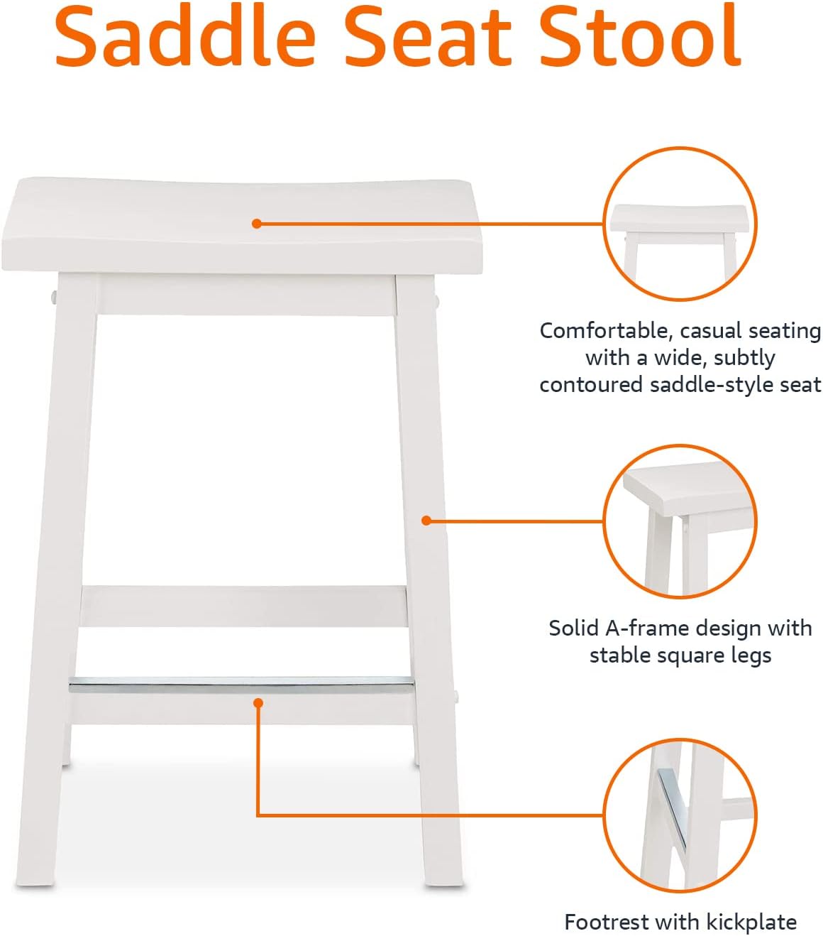 Amazon Basics Solid Wood Saddle-Seat Kitchen Counter Barstool with Footrest, Easy Assembly - 24-Inch Height - White - Set of 2