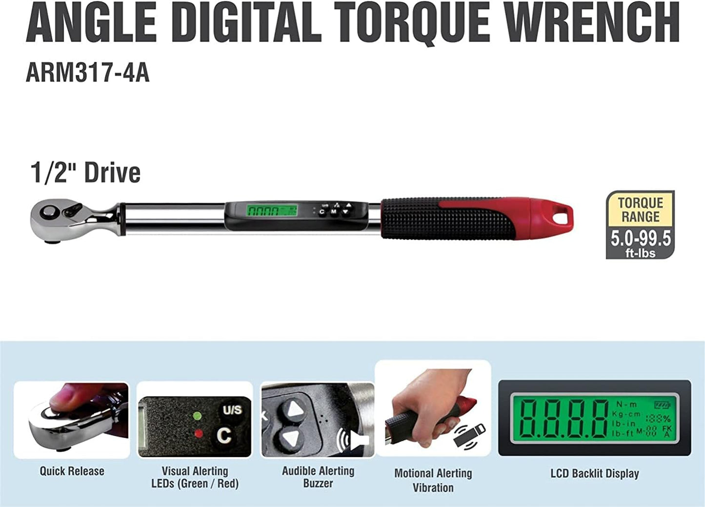 ACDelco ARM317-4A 1/2" Heavy Duty Angle Digital Torque Wrenches, Electronic Torque Wrench (1/2" 5.0 to 99.5 ft-lbs.) ISO 6789 Standards with Certificate of Calibration