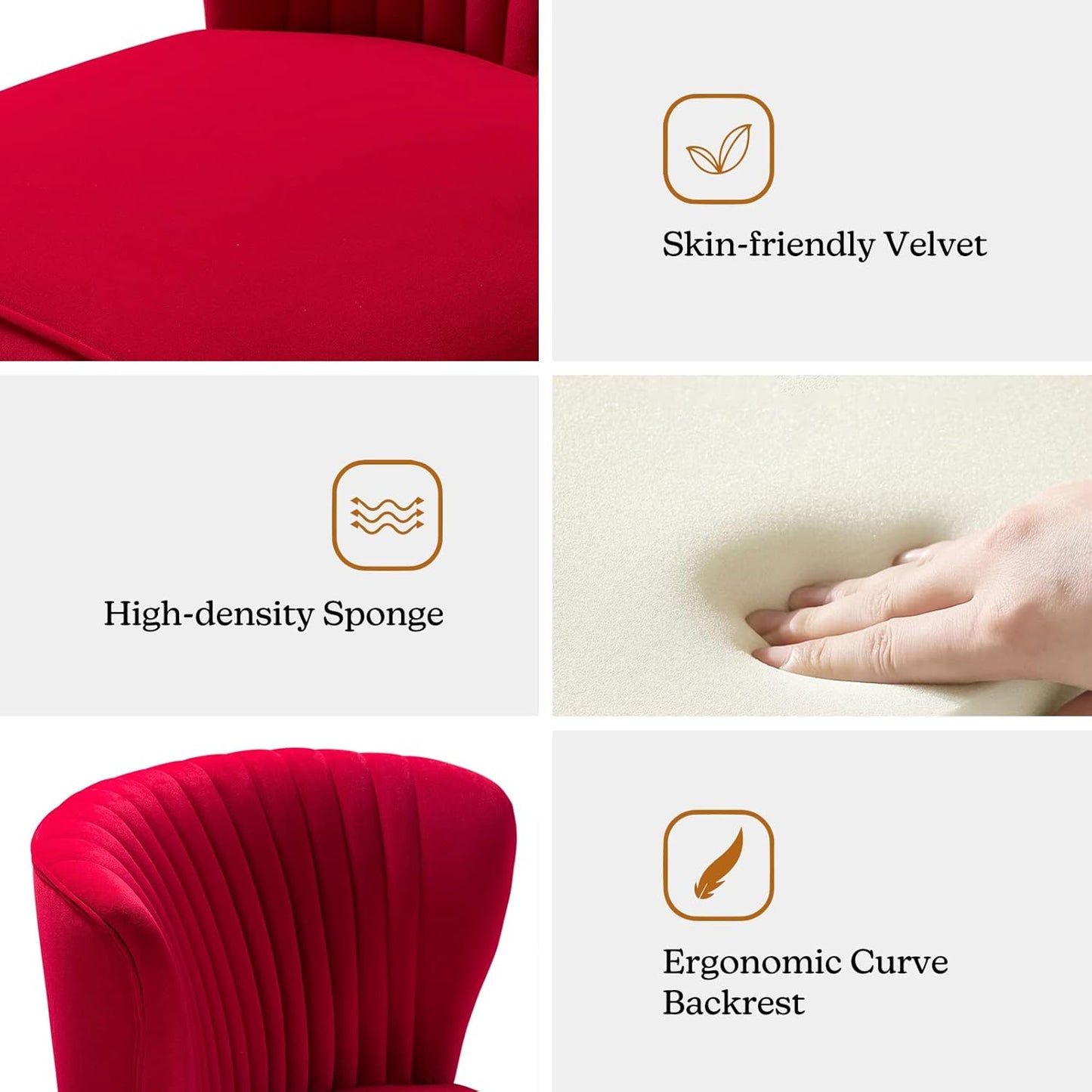 TINA'S HOME Velvet Accent Chair Set of 2 with Metal Golden Legs, Upholstered Armless Slipper Chair with Wingback, Mid Century Side Chair for Living Room Bedroom Makeup Vanity- Red
