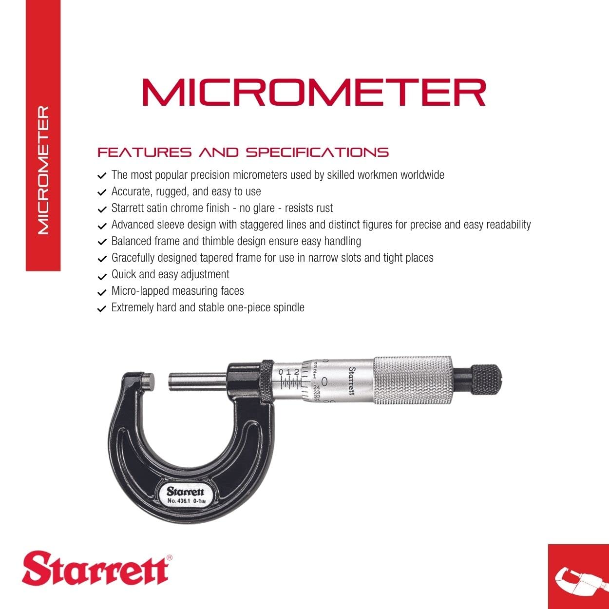 Starrett Outside Micrometer with One-Piece Spindle, Satin Chrome Finish and Advanced Sleeve Design - Quick and Easy Adjustment, 0-1" Range, .001" Graduation - 436.1XRL-1