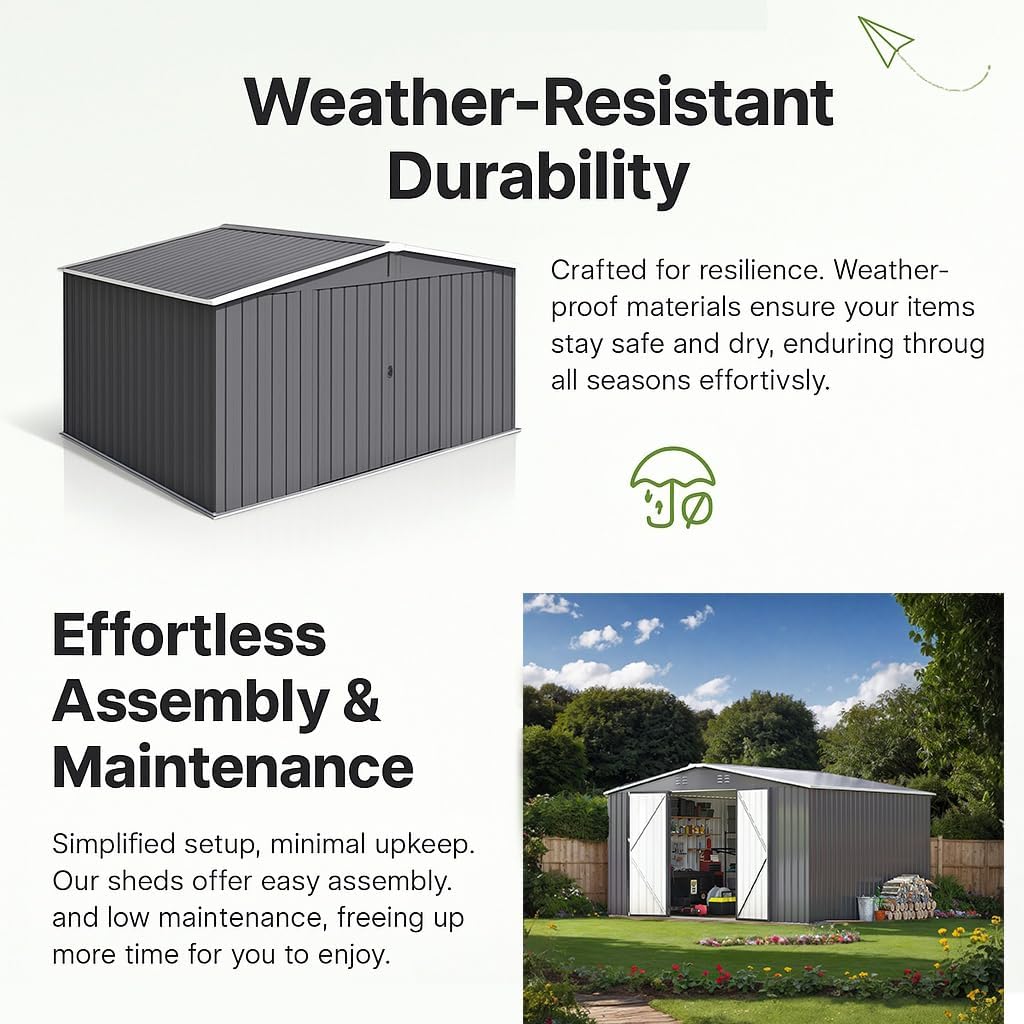 10 x 12 FT Outdoor Storage Shed, Metal Waterproof Storage Shed Steel Utility Garden Tool Shed with Door & Lock Outdoor Storage for Garden Patio Lawn Poolside Black