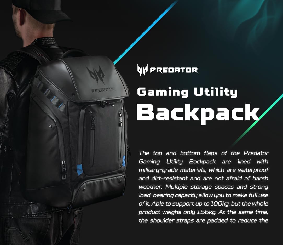 Acer PBG591 Predator Utility Gaming Backpack, Water Resistant and Tear Proof Travel Backpack Fits and Protects Up to 17.3" Predator Gaming Laptop, Black with Teal Accents